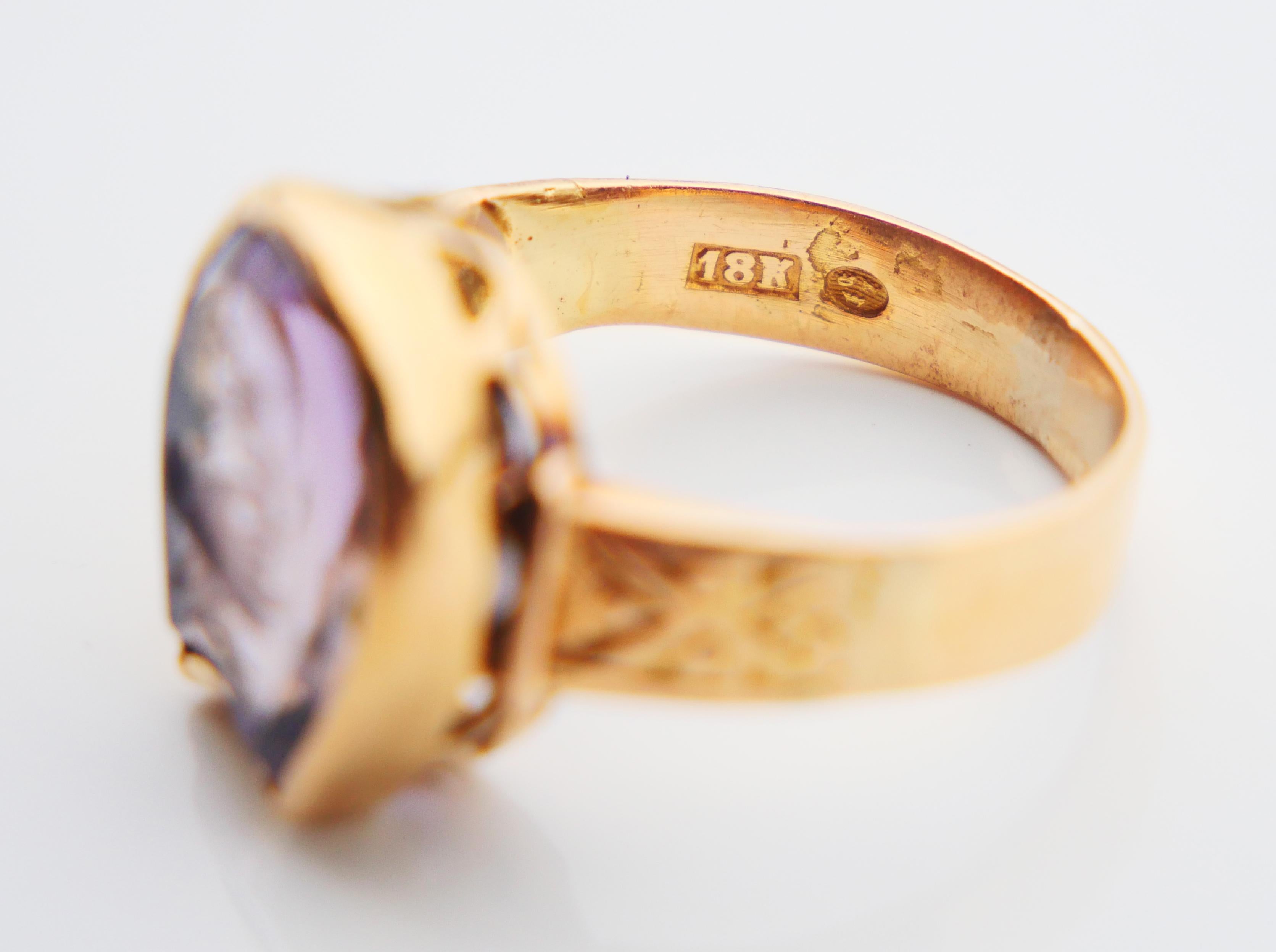 Antique Signet Ring Hand and Flower Intaglio Amethyst solid 18K Ø6.5US/5.1gr For Sale 11