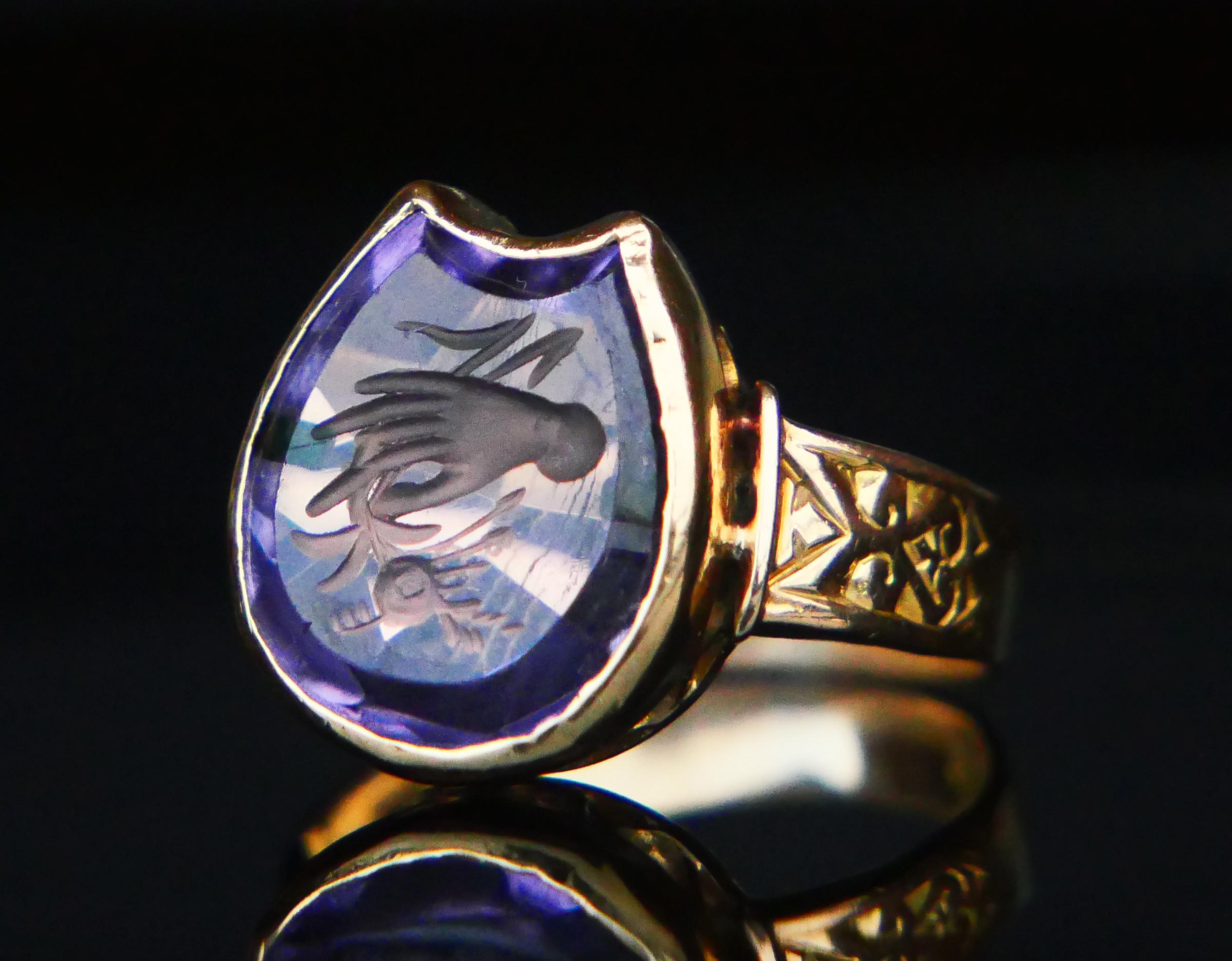 Antique Signet Ring Hand and Flower Intaglio Amethyst solid 18K Ø6.5US/5.1gr For Sale 7