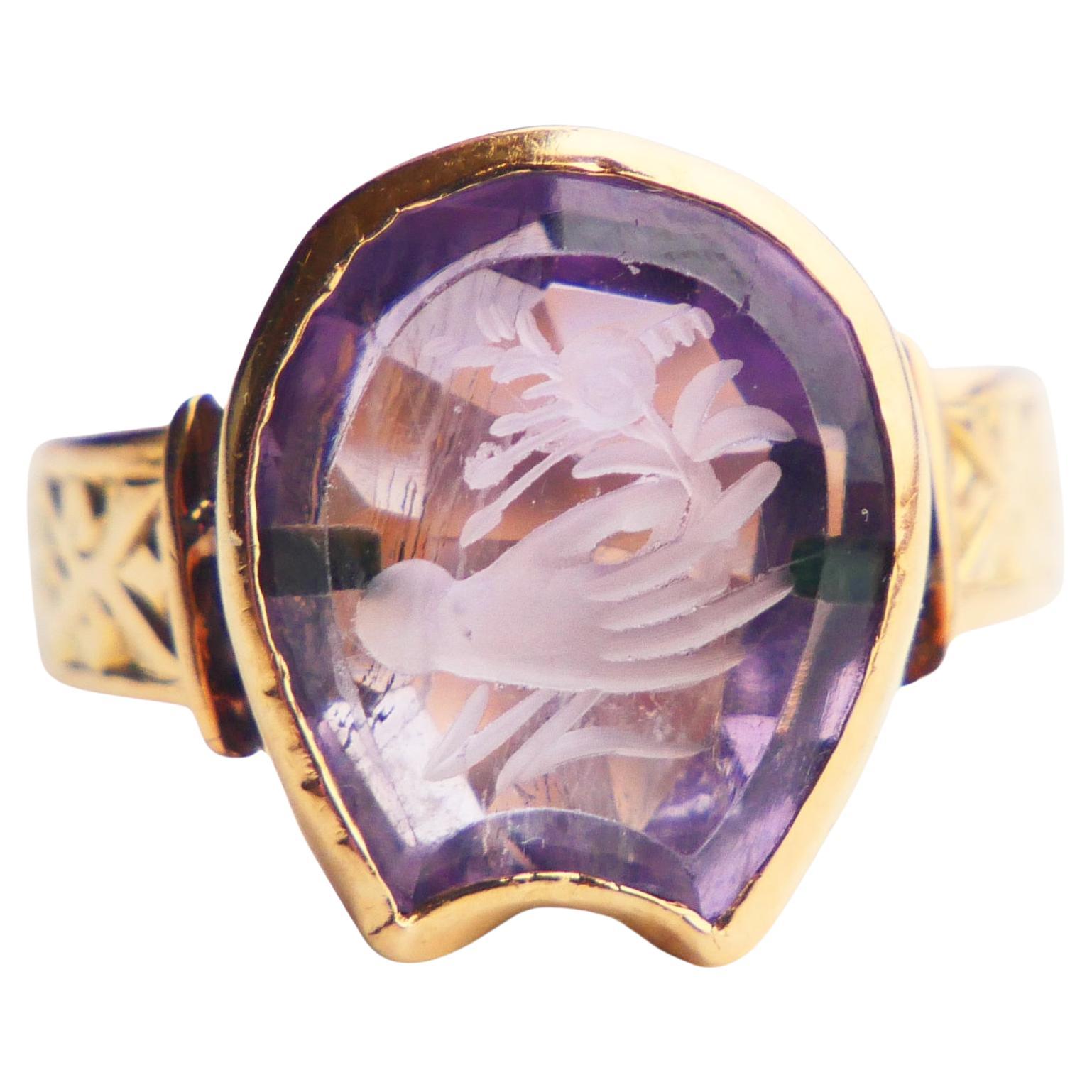 Antique Signet Ring Hand and Flower Intaglio Amethyst solid 18K Ø6.5US/5.1gr