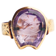 Antiquities Bague Signet Main et Fleur Intaglio Amethyst solid 18K Ø6.5US/5.1gr