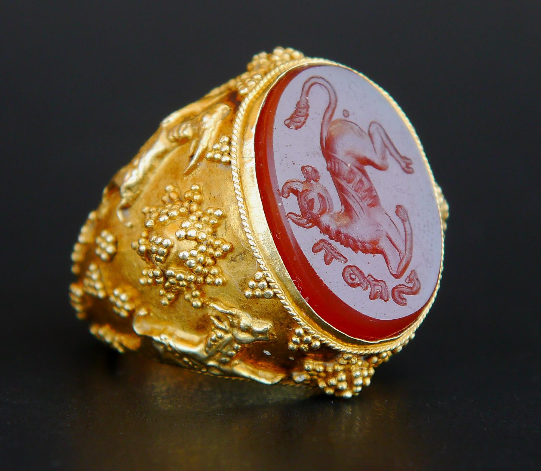 Classical Greek Antique Signet Ring Intaglio Bull Taurus Carnelian 18K Yellow Gold ØUS7/12.3gr For Sale