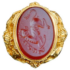 Vintage Signet Ring Intaglio Bull Taurus Carnelian 18K Yellow Gold ØUS7/12.3gr