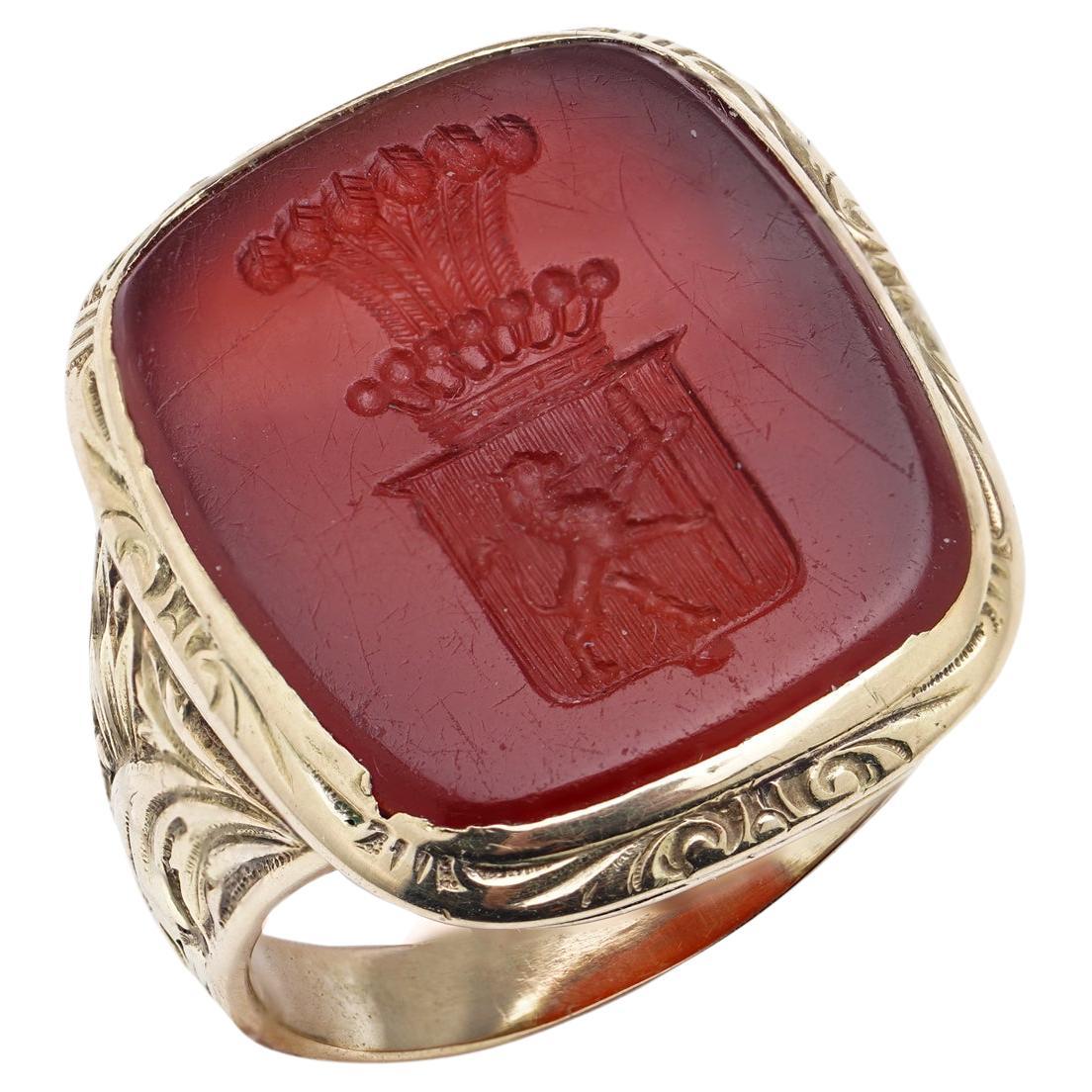 Antique Signet Ring with Rampant Lion Holding a Sword