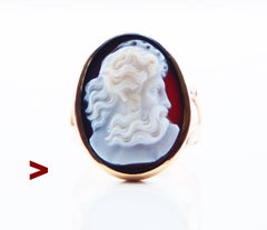 Antique Signet Unisex Men Cameo Zeus Ring 11ct Banded Onyx solid 18K Gold Ø8.5US