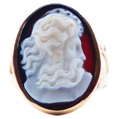 Antique Signet Unisex Men Cameo Zeus Ring 11ct Banded Onyx solid 18K Gold Ø8.5US