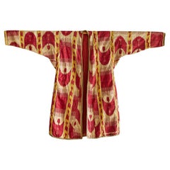 Antique Silk and Cotton Chapan in Red and Yellow, Uzbekistan, 19th Century