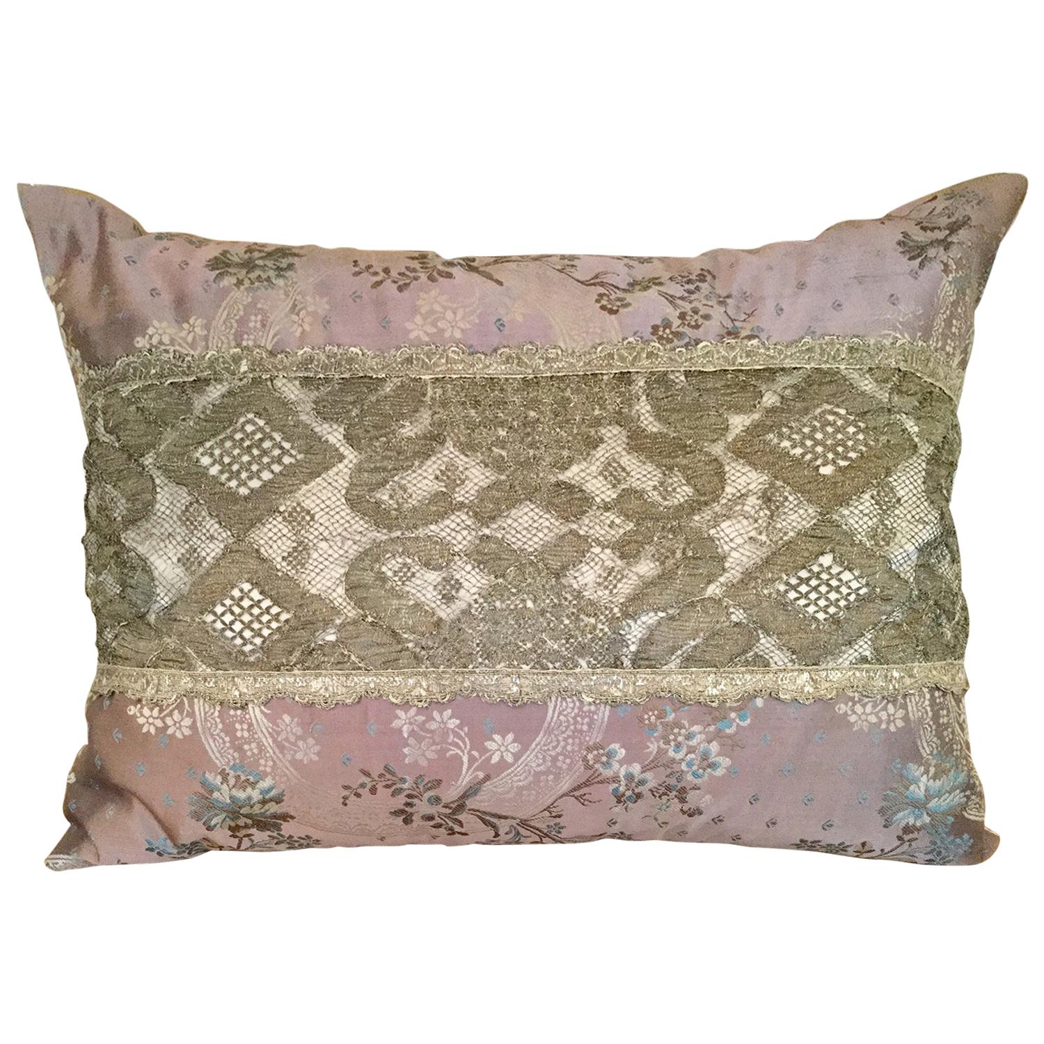 Antique Silk and French Needle Lace Pillow by Eleganza Italiana For Sale