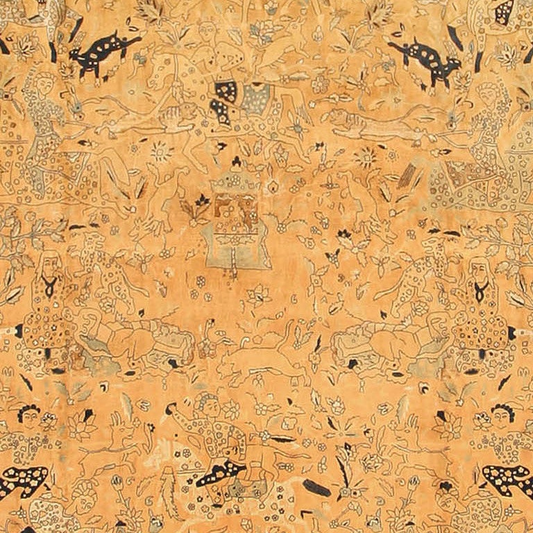 Hand-Knotted Antique Silk and Wool Hunting Design Indian Agra. Size: 12 ft 5 in x 16 ft 5 in