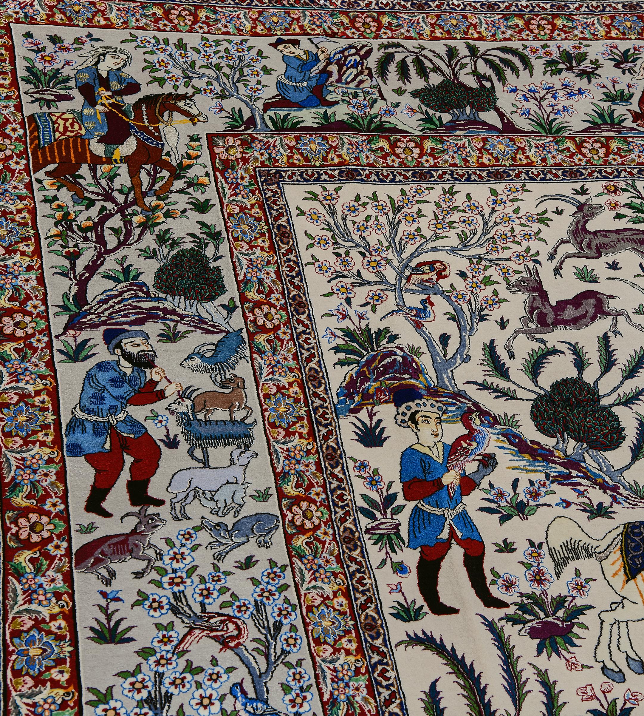 Alfombra antigua de seda y lana firmada Akbaroff Persa Isfahan Escena de caza en Bueno estado para la venta en West Hollywood, CA