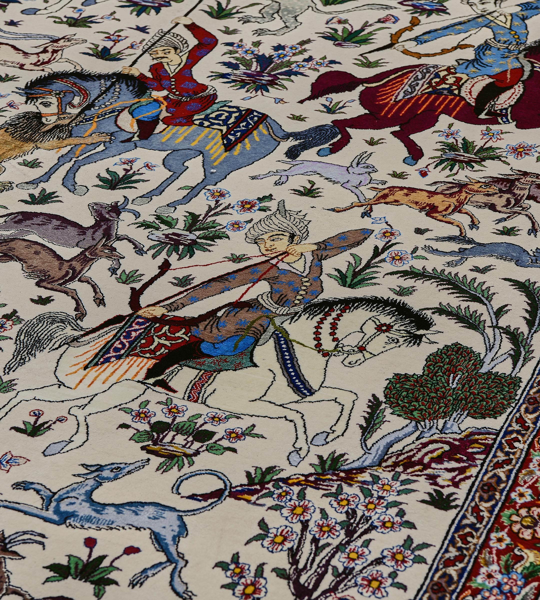 Alfombra antigua de seda y lana firmada Akbaroff Persa Isfahan Escena de caza Lana en venta