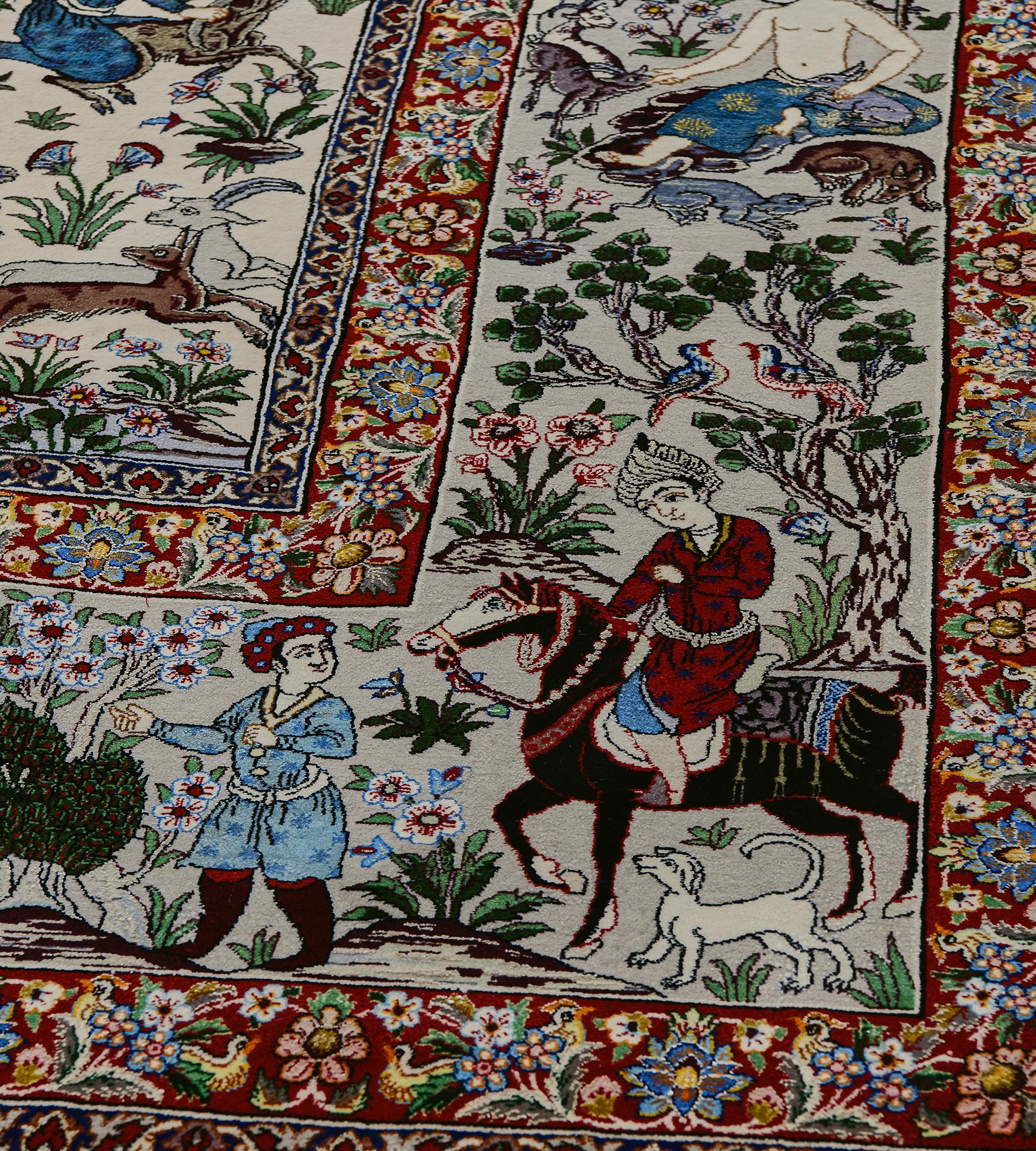 Alfombra antigua de seda y lana firmada Akbaroff Persa Isfahan Escena de caza en venta 1