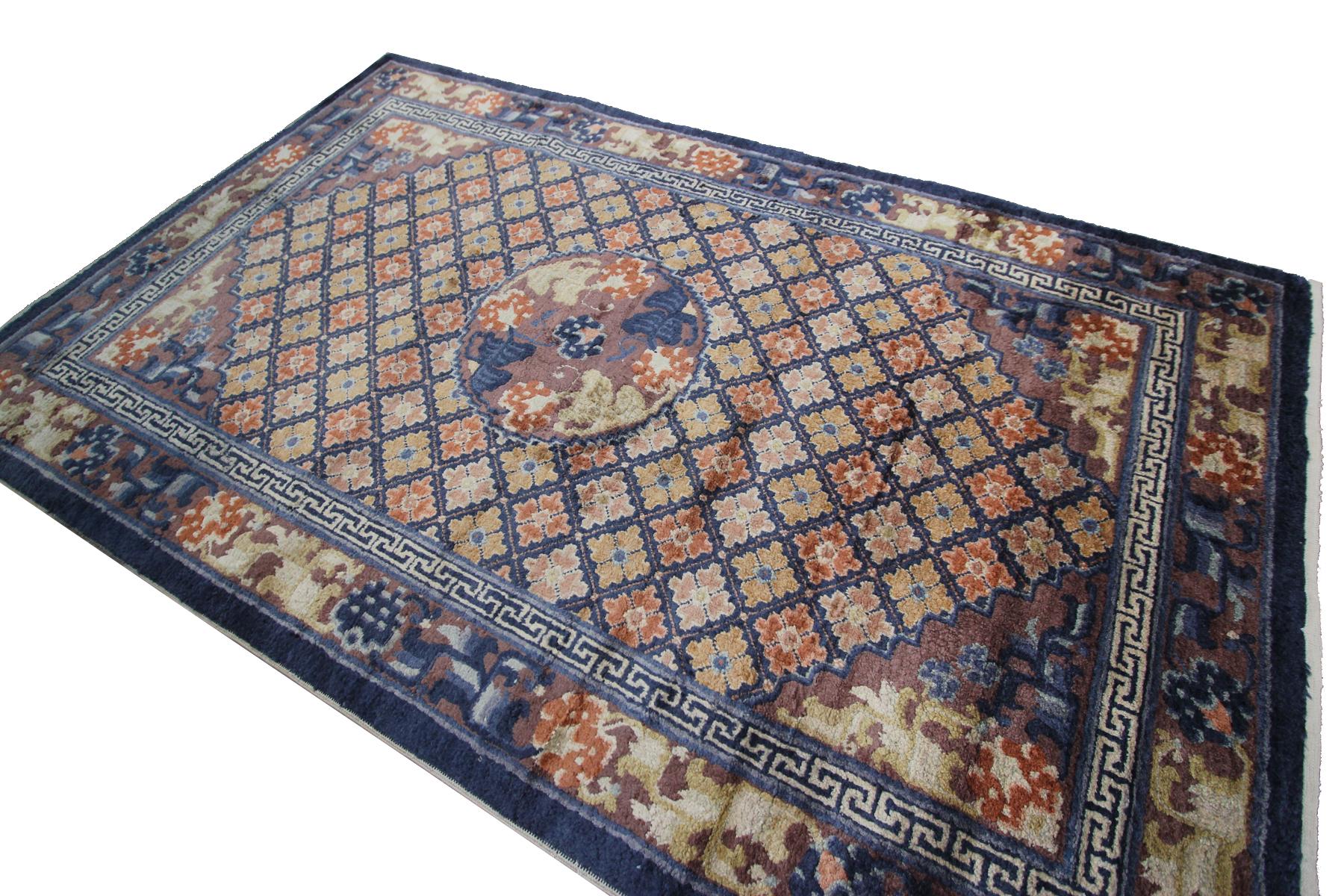 Hand-Knotted Antique Silk Art Deco Rug Silk Ningshia Rug Chinese Peking Silk Tapestry For Sale