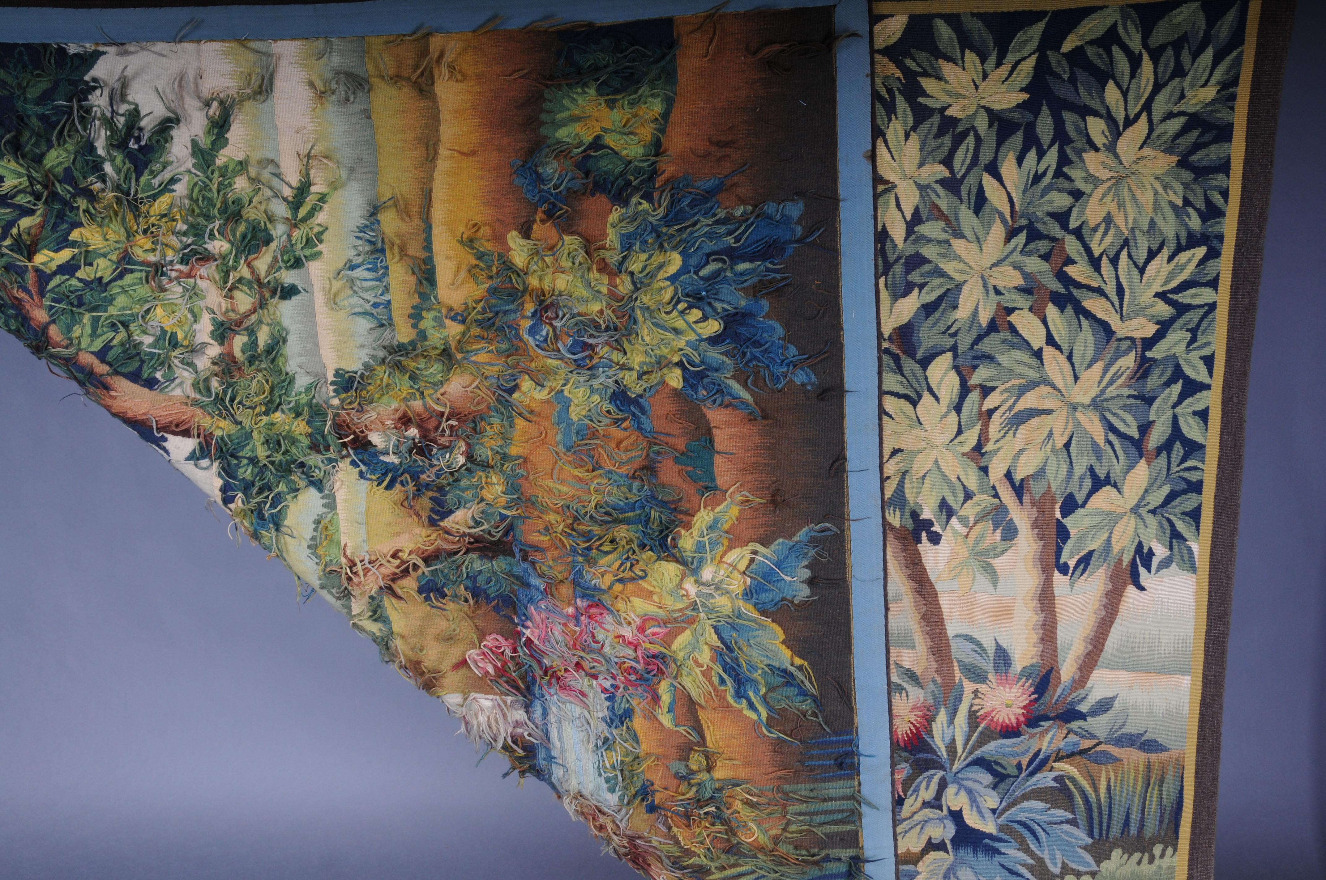 Antique Silk Aubosson wall carpet, France late 19 century. Verdure motif, signed For Sale 11
