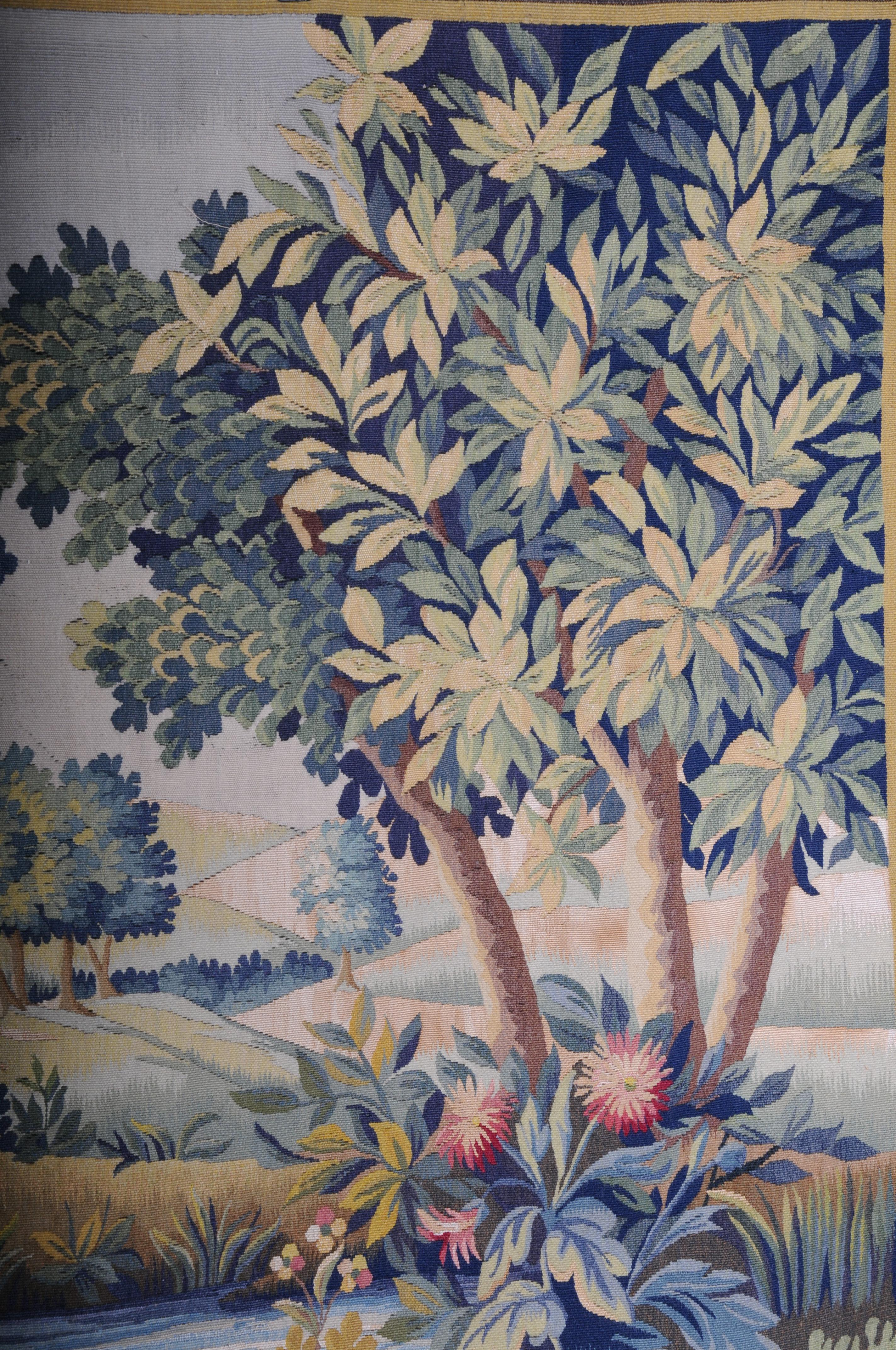 Hand-Painted Antique Silk Aubosson wall carpet, France late 19 century. Verdure motif, signed For Sale
