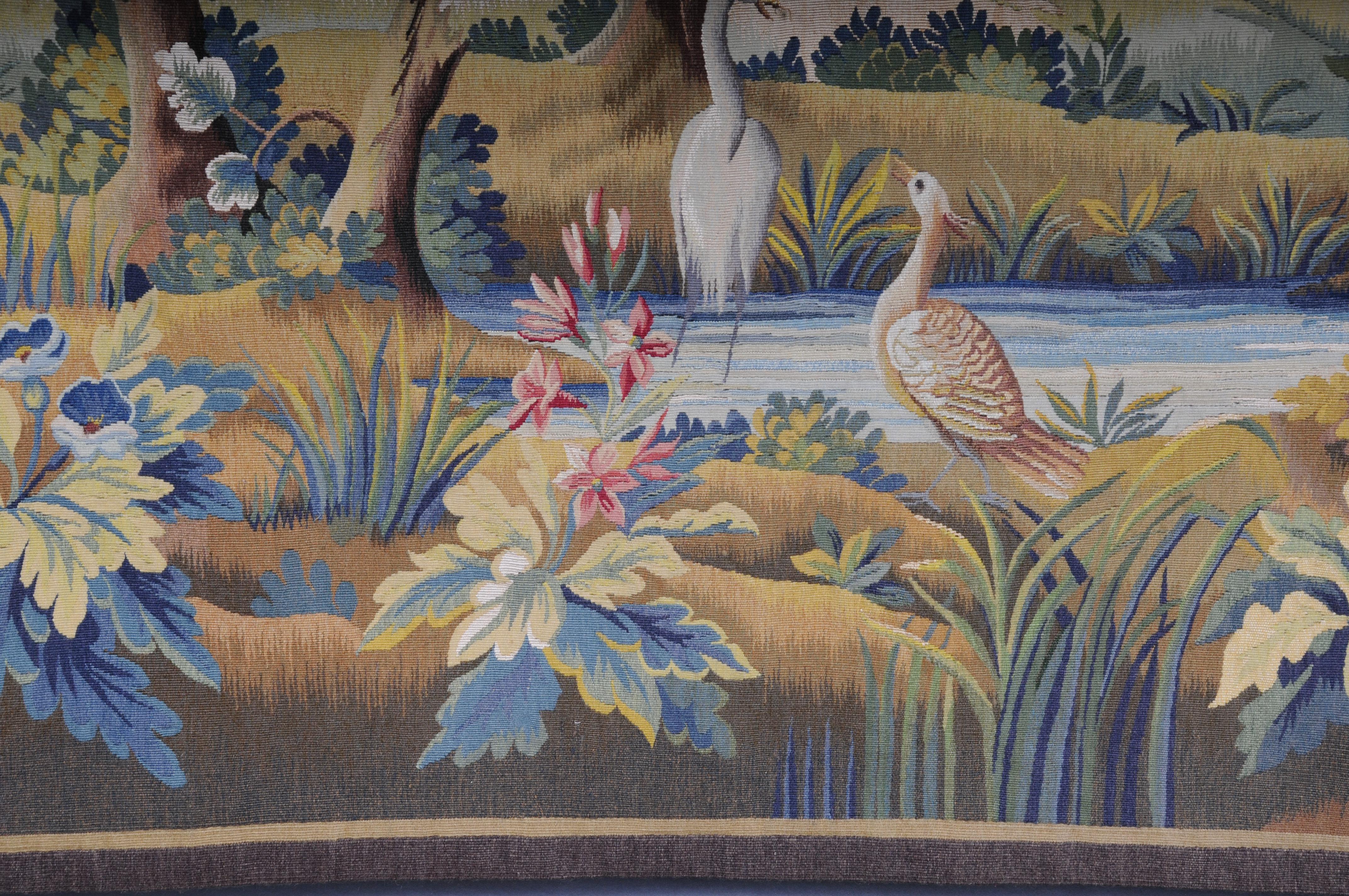 19th Century Antique Silk Aubosson wall carpet, France late 19 century. Verdure motif, signed For Sale