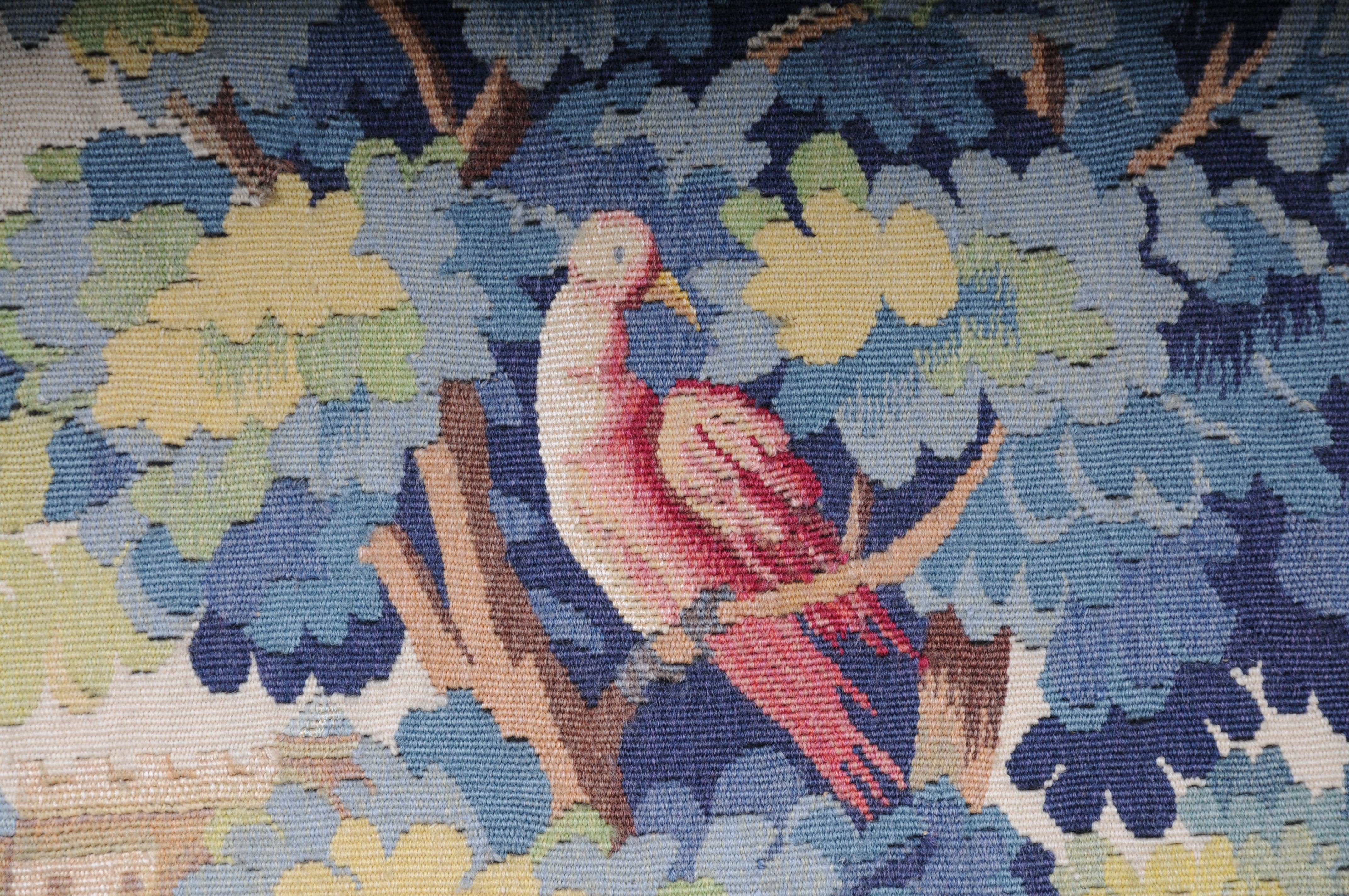Antique Silk Aubosson wall carpet, France late 19 century. Verdure motif, signed For Sale 1
