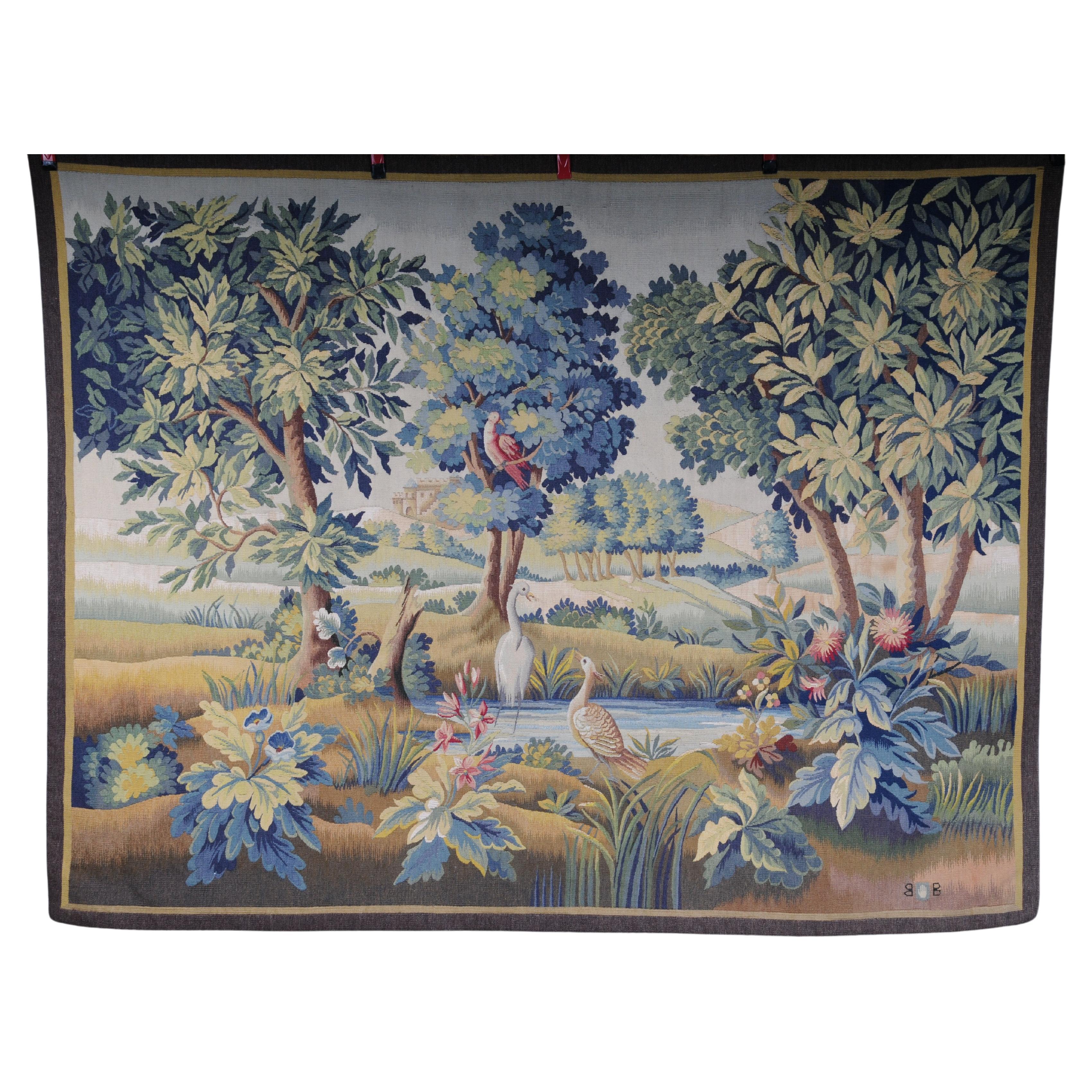 Antique Silk Aubosson wall carpet, France late 19 century. Verdure motif, signed