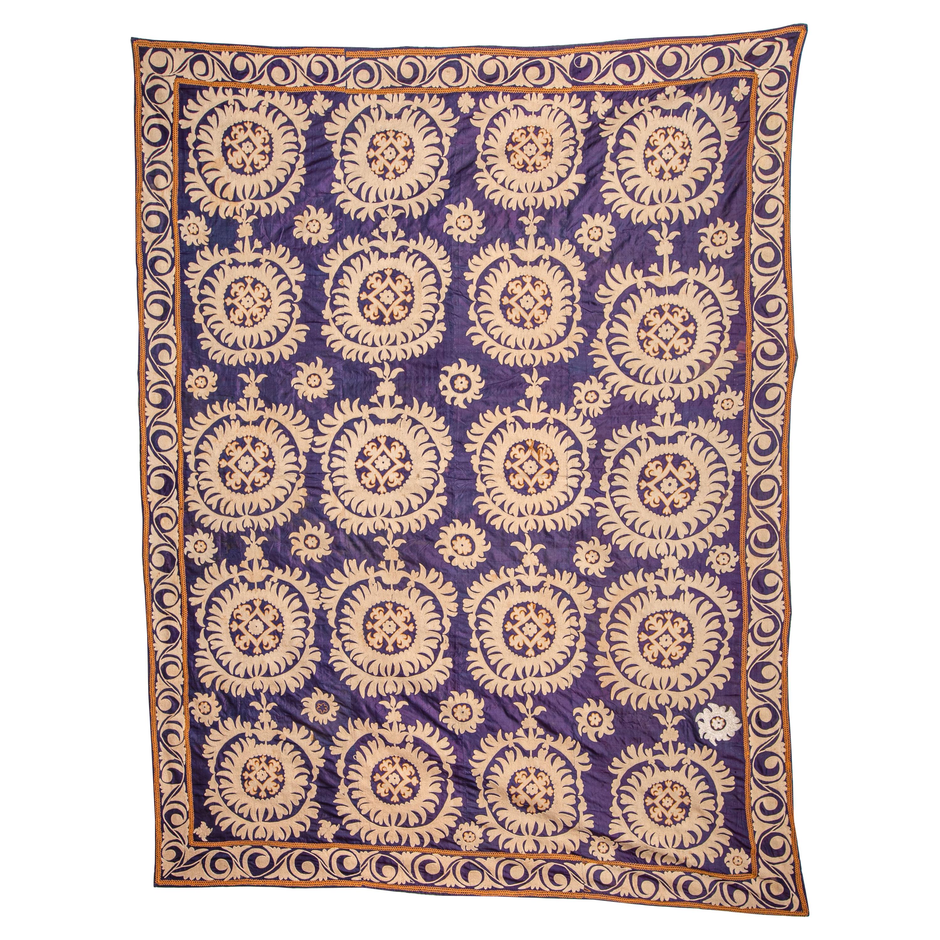 Antique Silk Background Suzani from Samarkand, Uzbekistan, Early 20th C.