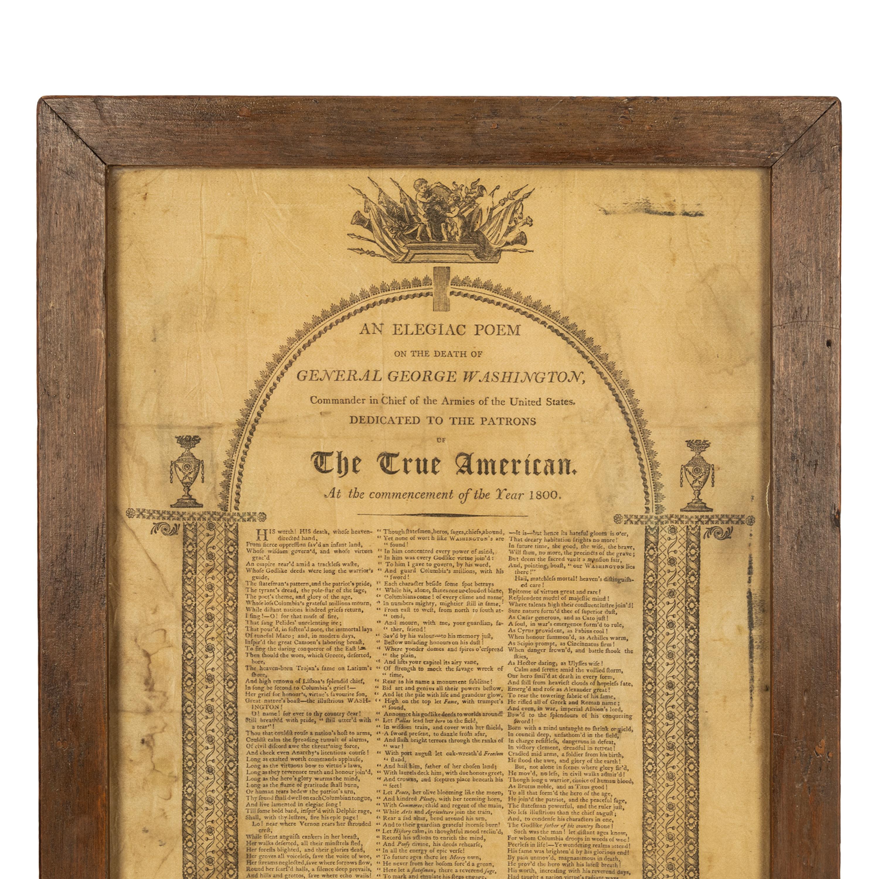 An important & rare antique American political printed silk broadside, an elegy on the death of President George Washington, dated 1800.

A poem on the Death of  President George Washington January 1, 1800, see 