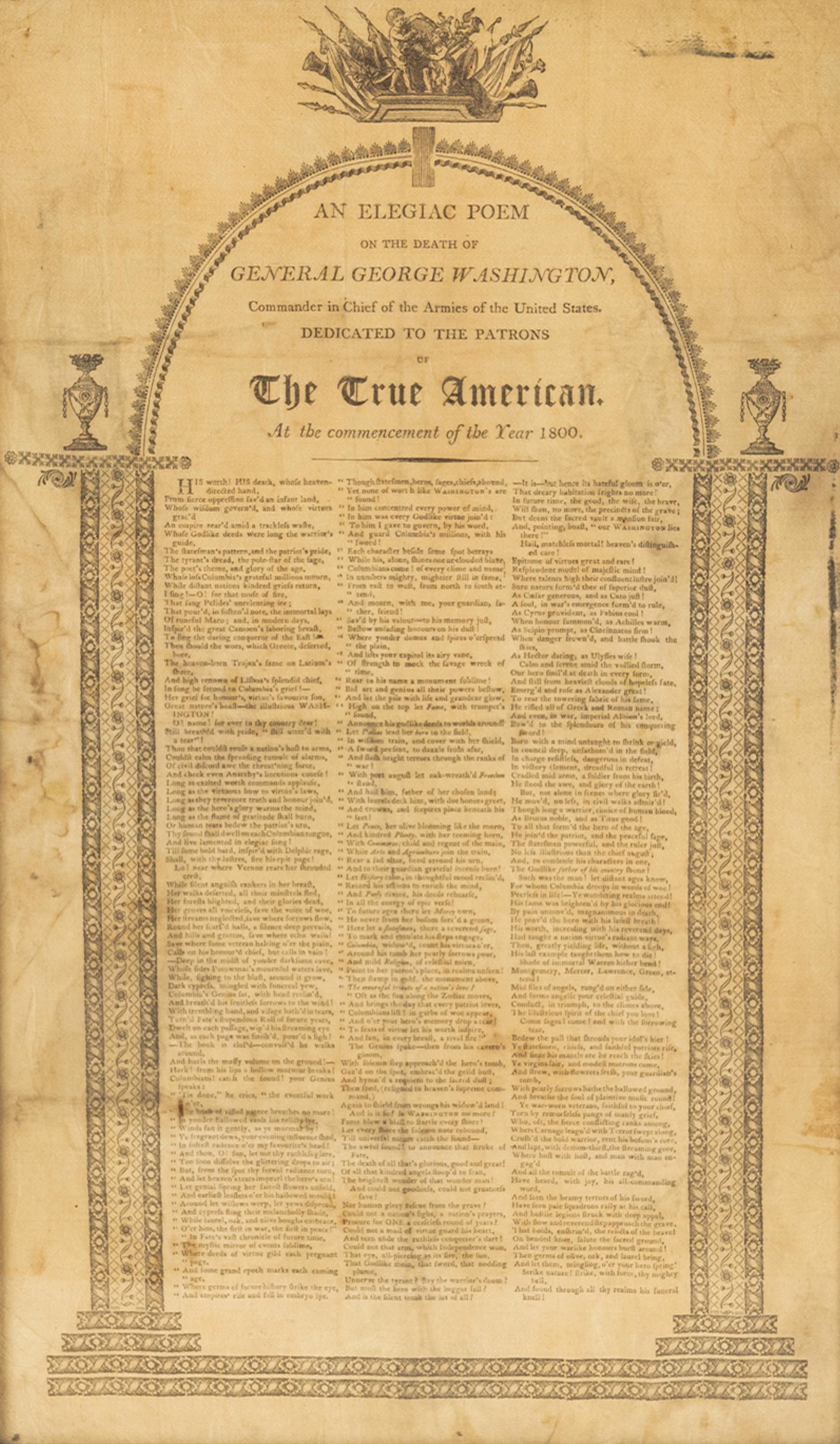 Federal Antique Silk Broadside An Elegiac Poem Death of President George Washington 1800 For Sale