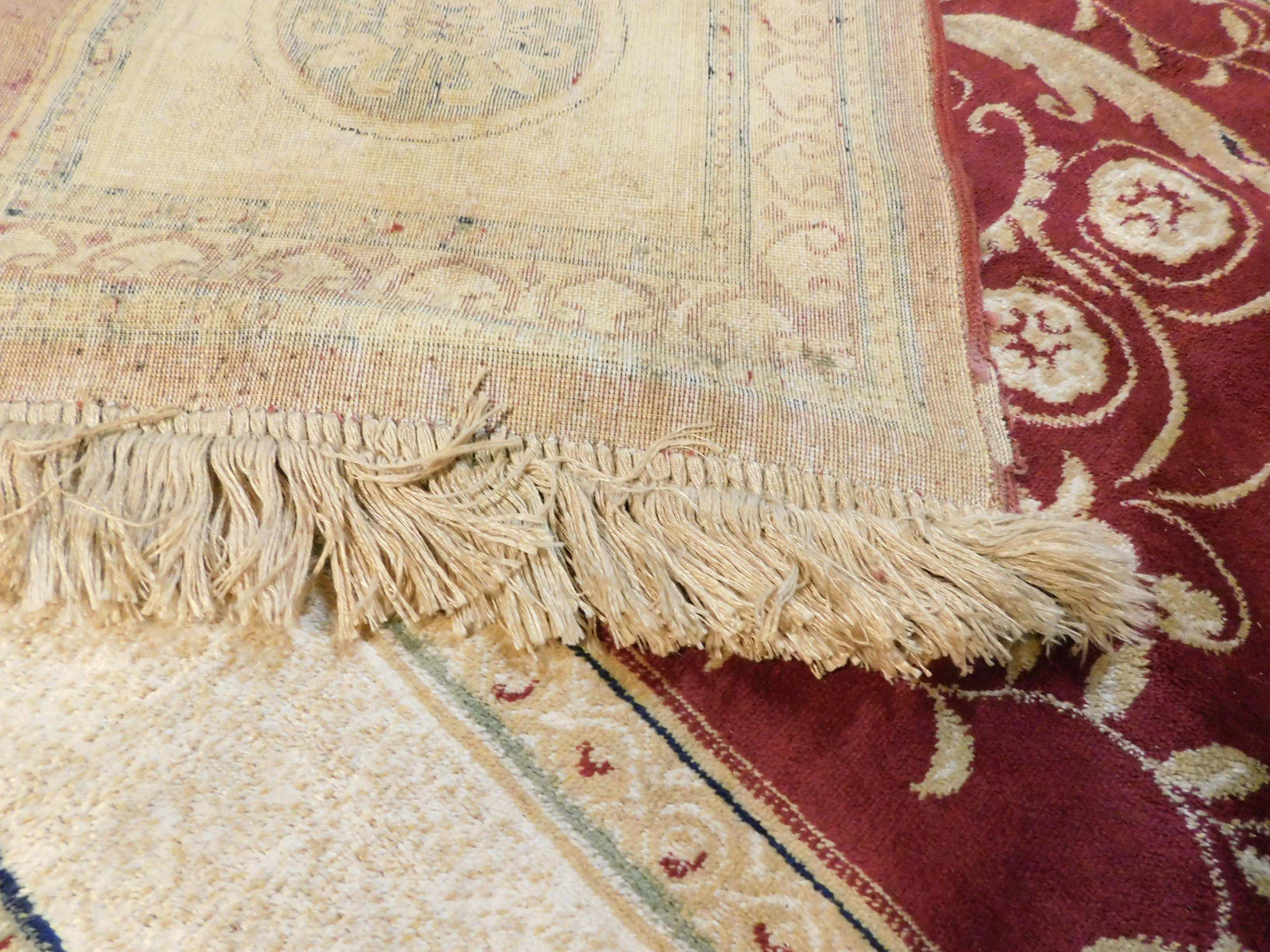 19th Century Antique Silk Carpet Red Beige, Neoclassical, 1800, Europe