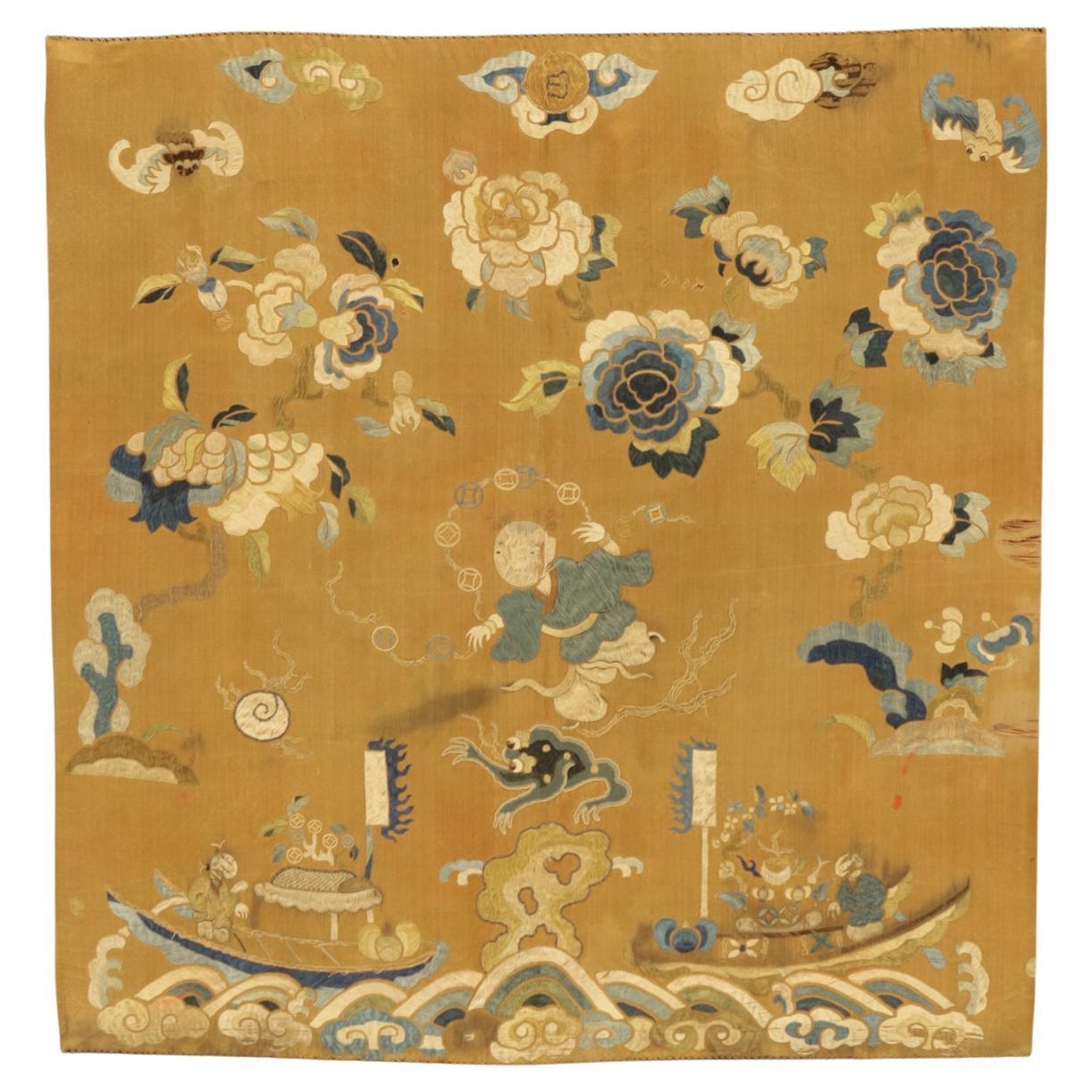 Antique Silk Chinese Motifs Textile, ca. 1900 For Sale
