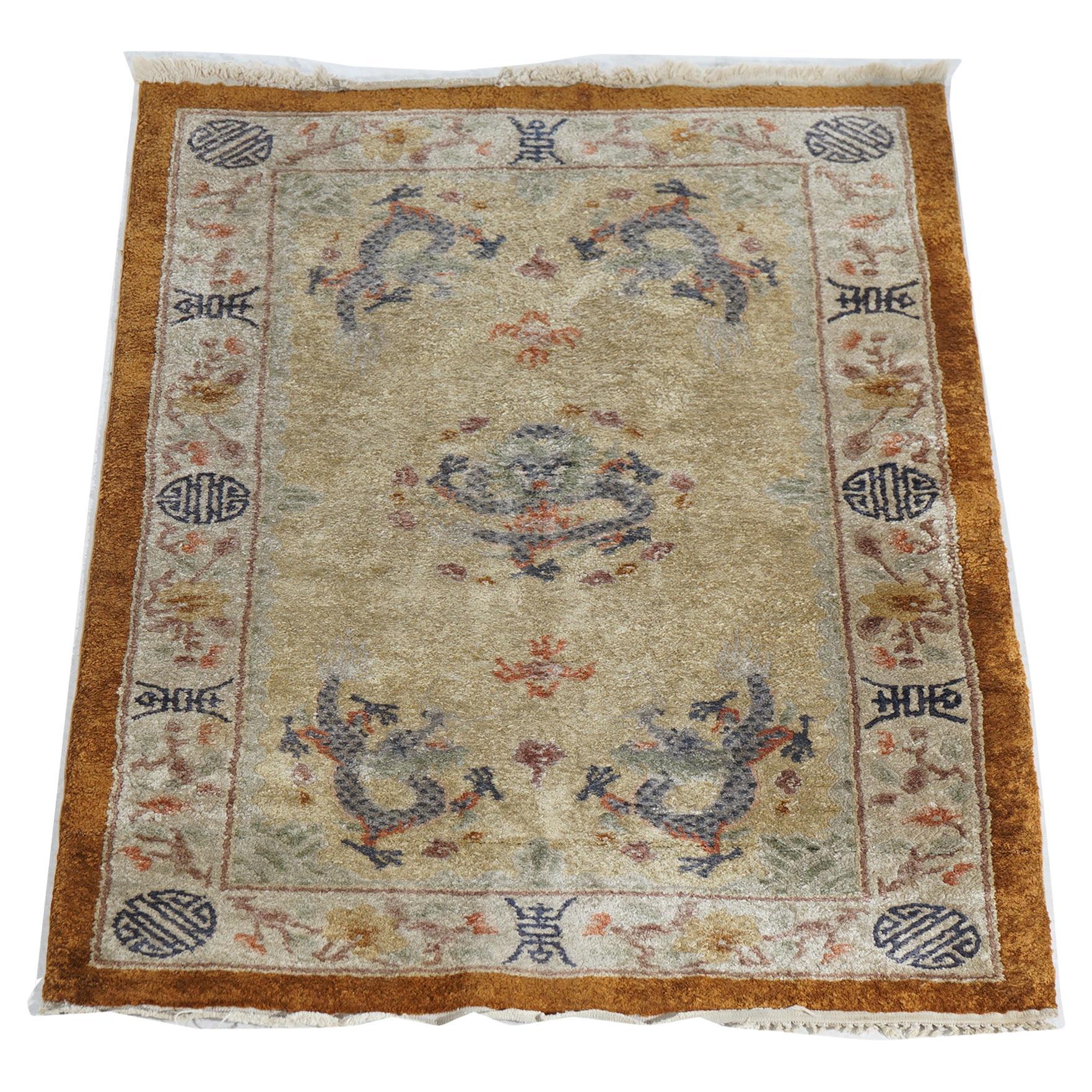 Antique Silk Chinese Oriental Rug with Dragons & Symbols Circa 1920 For Sale