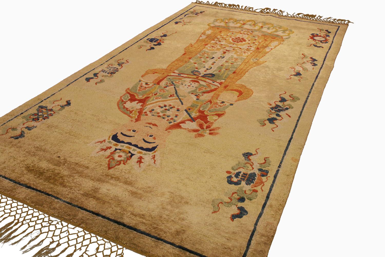 This is a highly unique silk Chinese pictorial rug woven during the end of the 19th century circa 1890's and measures 223 X 123CM in size. This rug shows a member of the royal family set on the royal gold background color surrounded by traditional
