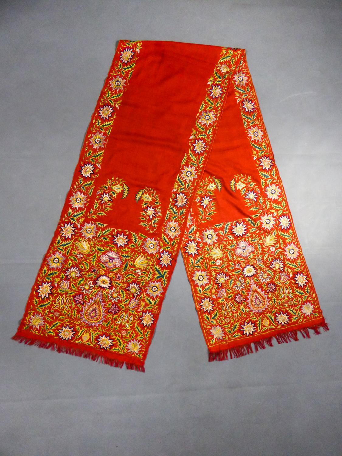 Antique Silk Embroidered Pashmina Stole - India for Export Circa 1830/1850 9