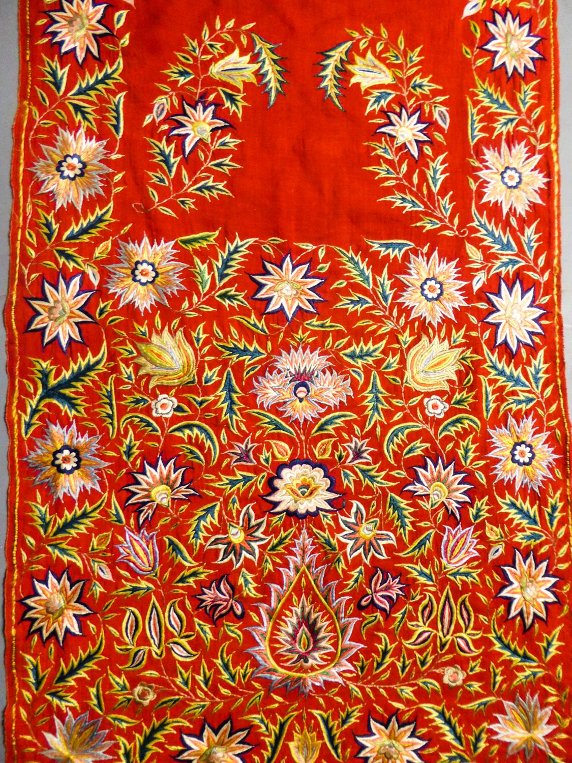 Red Antique Silk Embroidered Pashmina Stole - India for Export Circa 1830/1850