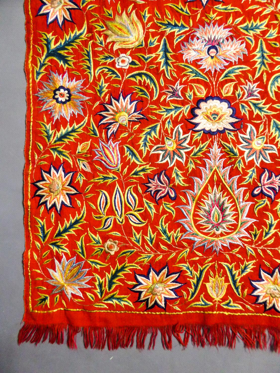 Antique Silk Embroidered Pashmina Stole - India for Export Circa 1830/1850 4