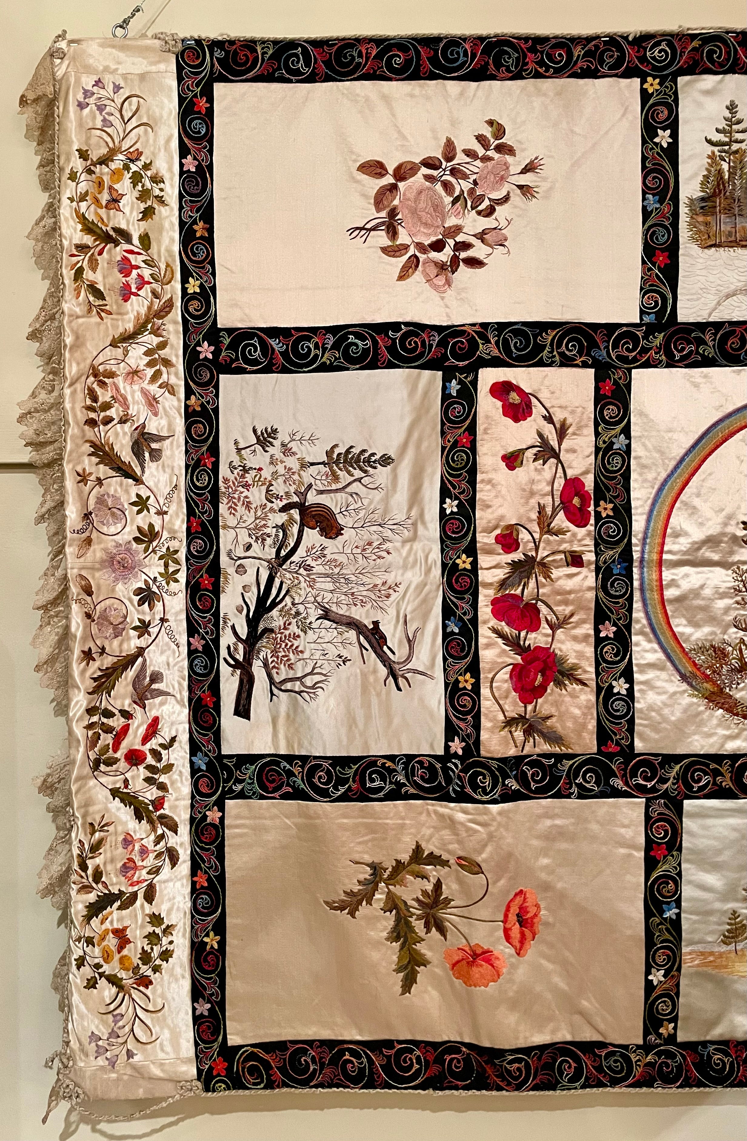 Antique Silk Embroidery of Western American Scenes and Fauna, Circa 1890's.
Exceptional wall tapestry.