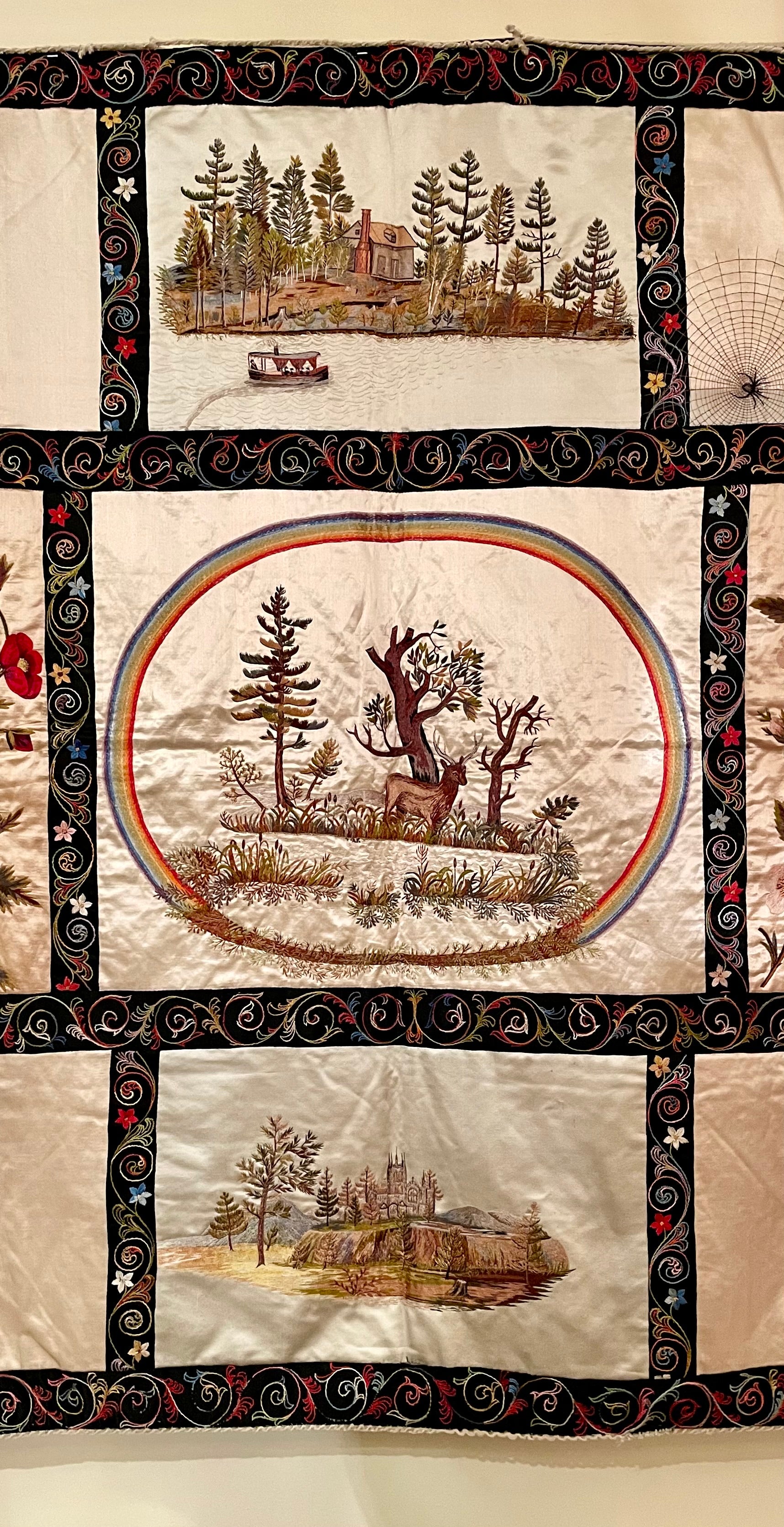 Embroidered Antique Silk Embroidery of Western American Scenes and Fauna, Circa 1890's. For Sale