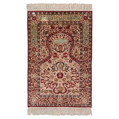 Used Silk Hereke Prayer Rug - Turkish Silk Hereke Carpet Late 20th Century