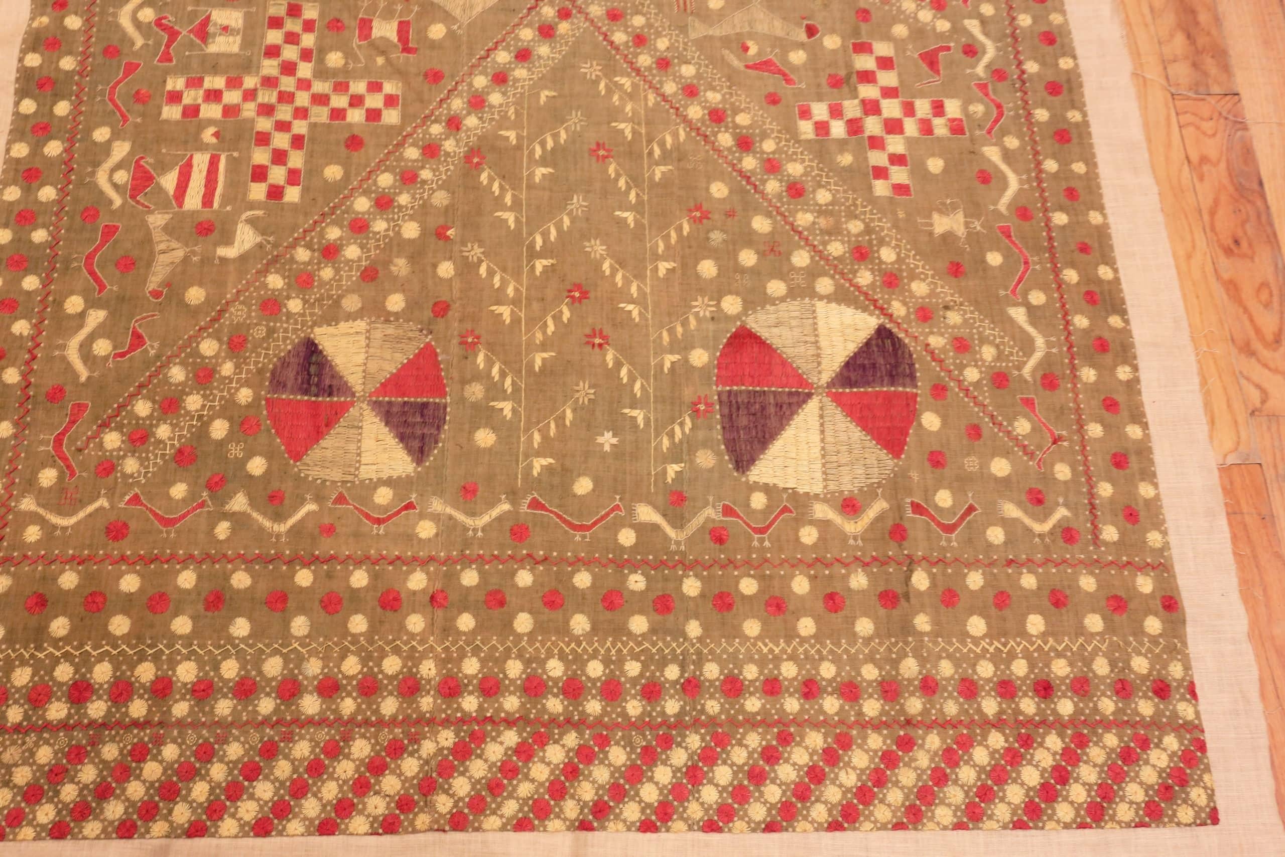 19th Century Antique Silk Indian Embroidery. Size: 4 ft x 7 ft 2 in For Sale