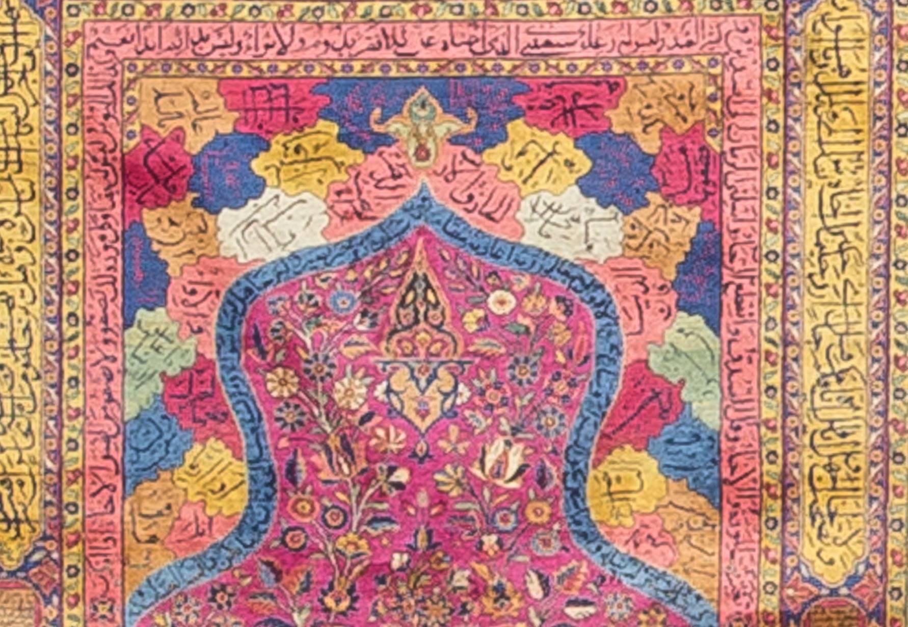 A Persian Kashan silk prayer rug with Qur’anic inscriptions in its border, the rug drawing is after a 16th century design. The Metropolitan Museum gives these details talking about their 16th century rug 'This prayer rug or sajjadah, identified by