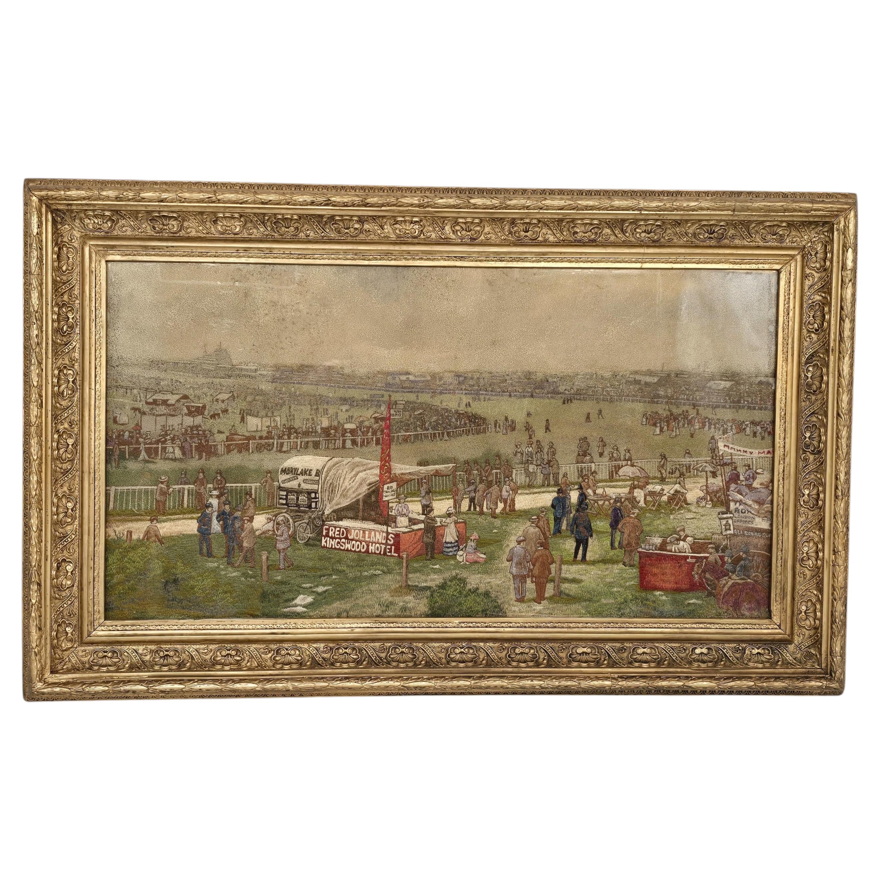 Antique silk needlework of a scene from Epsom Race Track, English circa 1900 For Sale