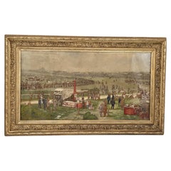 Antique silk needlework of a scene from Epsom Race Track, English circa 1900