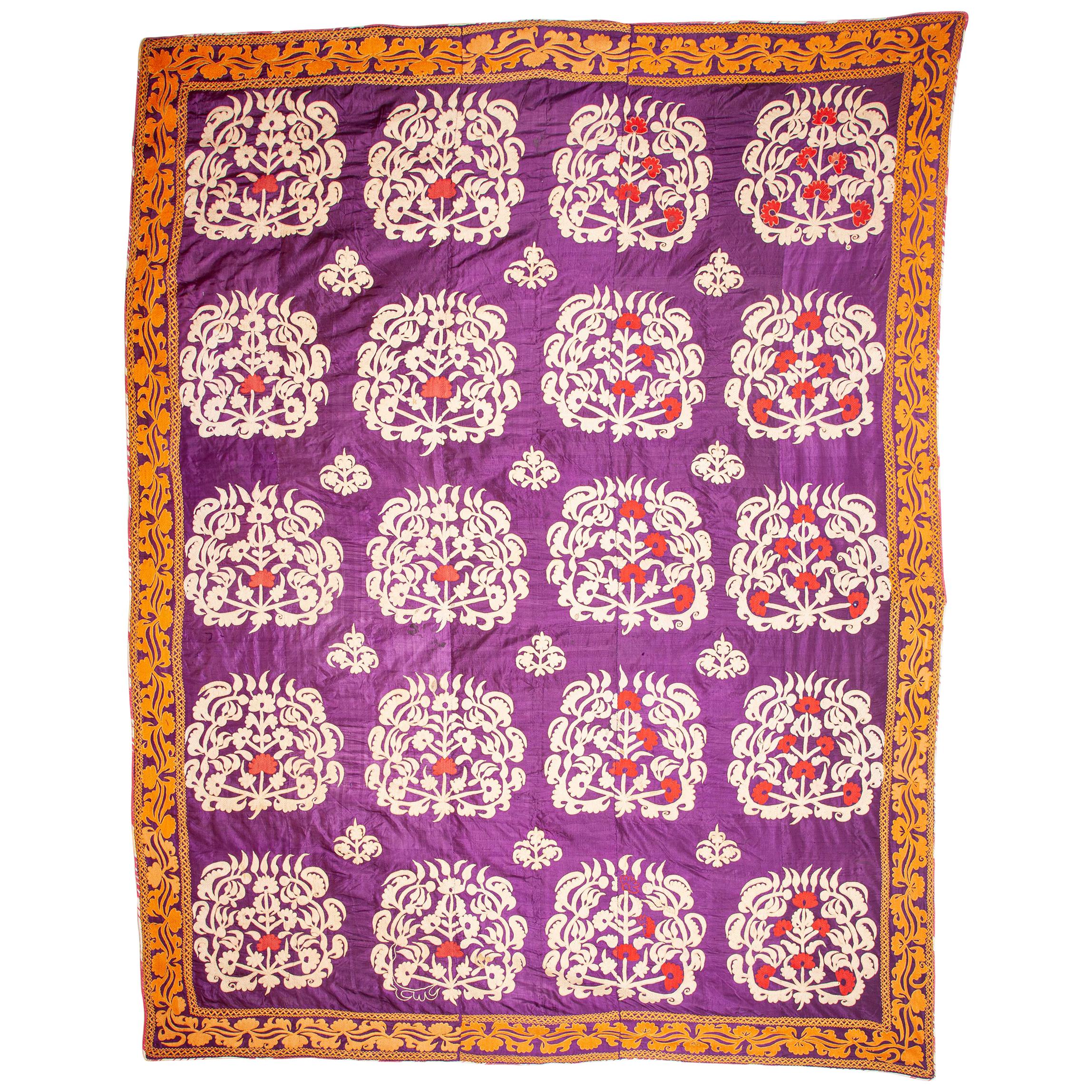 Antique Silk Suzani from Uzbekistan, Central Asia, Early 20th Century