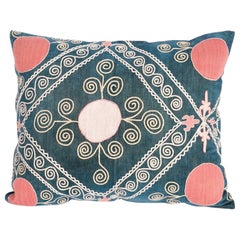 Antique Silk Suzani Pillow Cover on Velvet, Early 20th C.