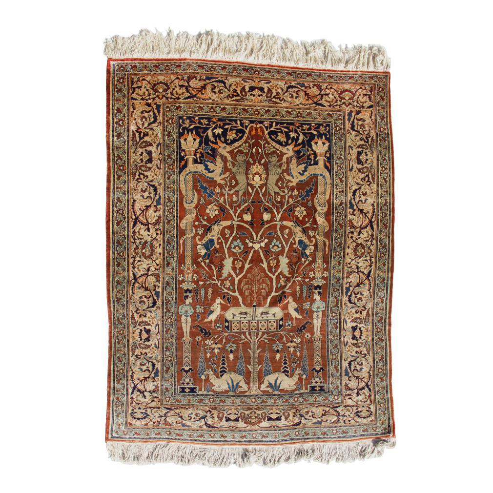 Antique Silk Tabriz Prayer Rug, Northwest Persia. A high quality pictorial and directional design. This rug is a unique interpretation of the traditional symmetrical columnar niche format depicting a waq-waq tree, a Persian oracular tree whose