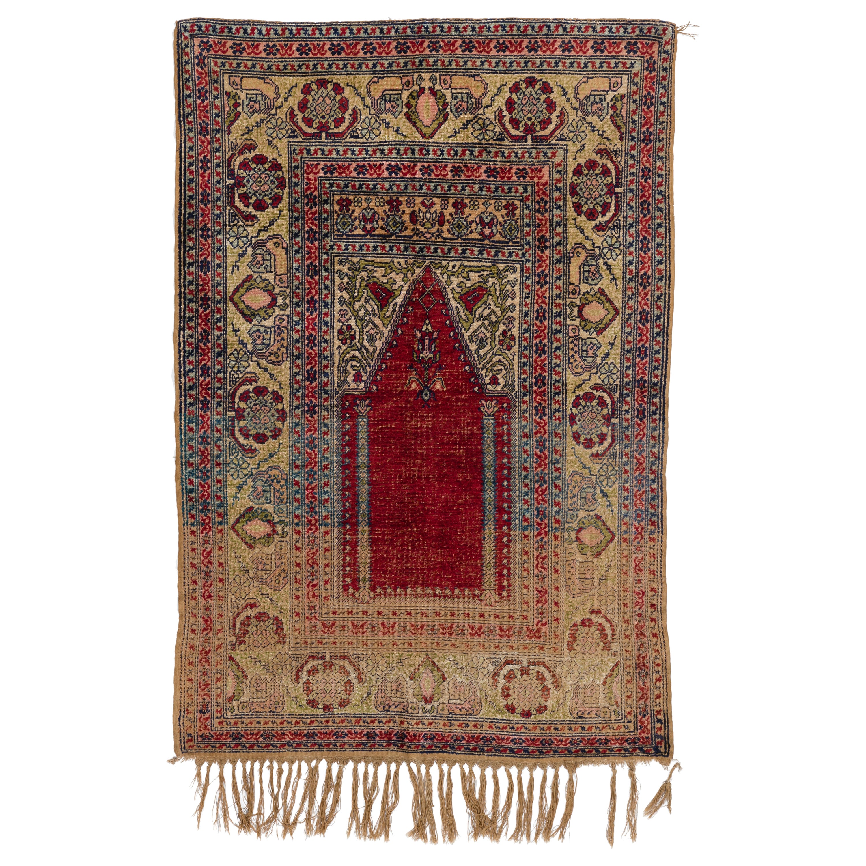 Tapis de prière turc ancien en soie de 3,7x5,4 pieds, vers 1910