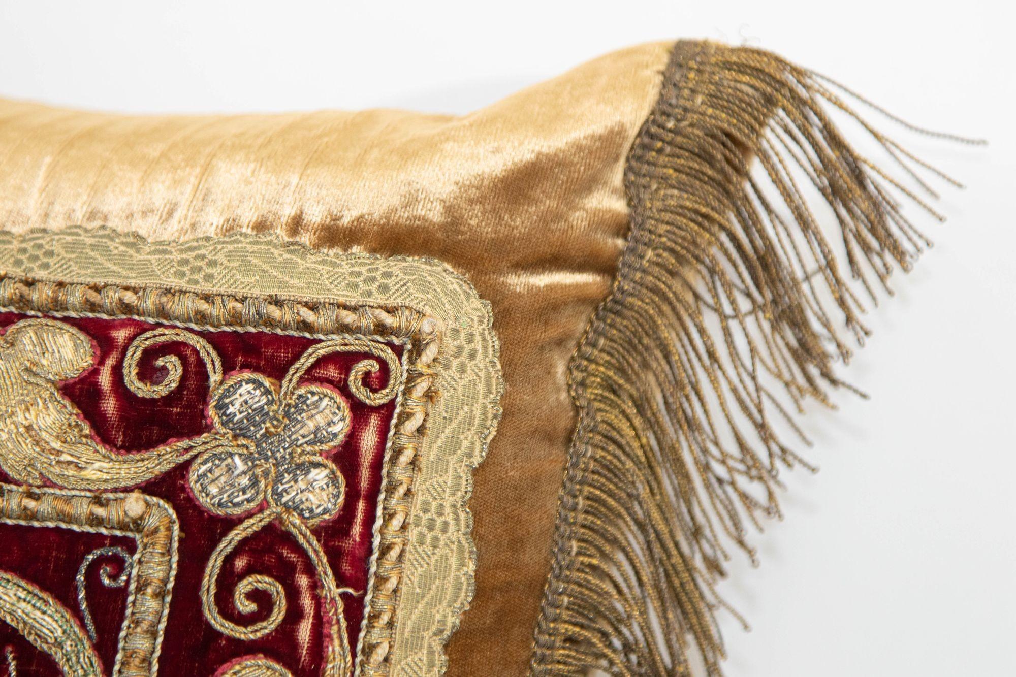 Antique Silk Velvet Lumbar Pillow with Metallic Gold Threads For Sale 2