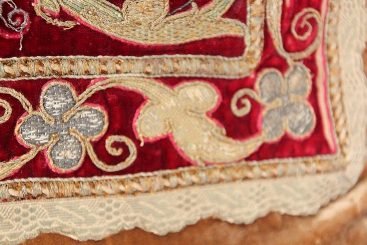 Antique Silk Velvet Lumbar Pillow with Metallic Gold Threads For Sale 10
