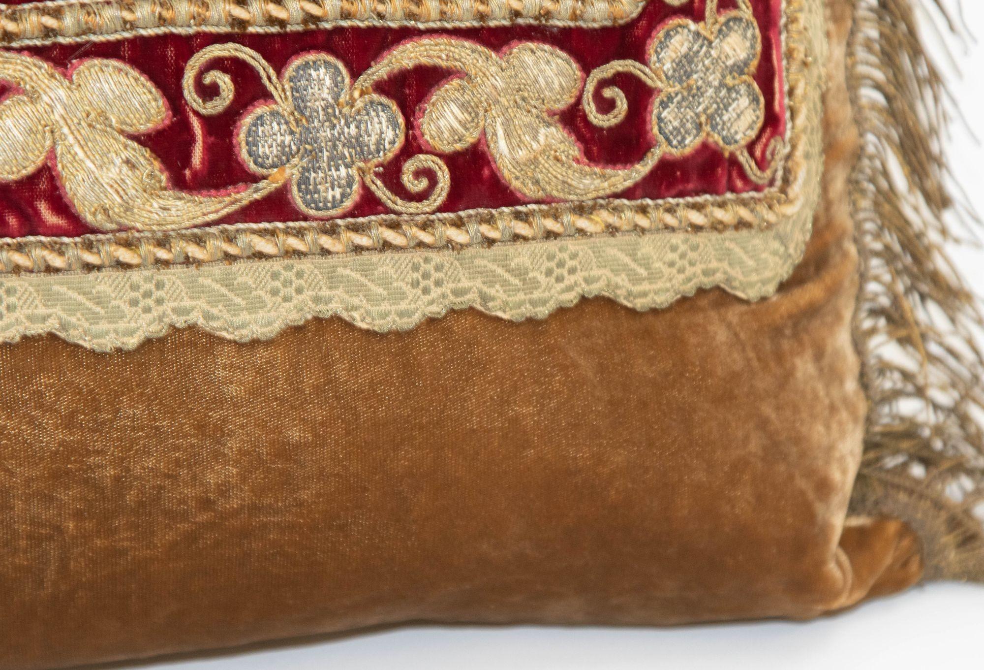 Antique Silk Velvet Lumbar Pillow with Metallic Gold Threads For Sale 13