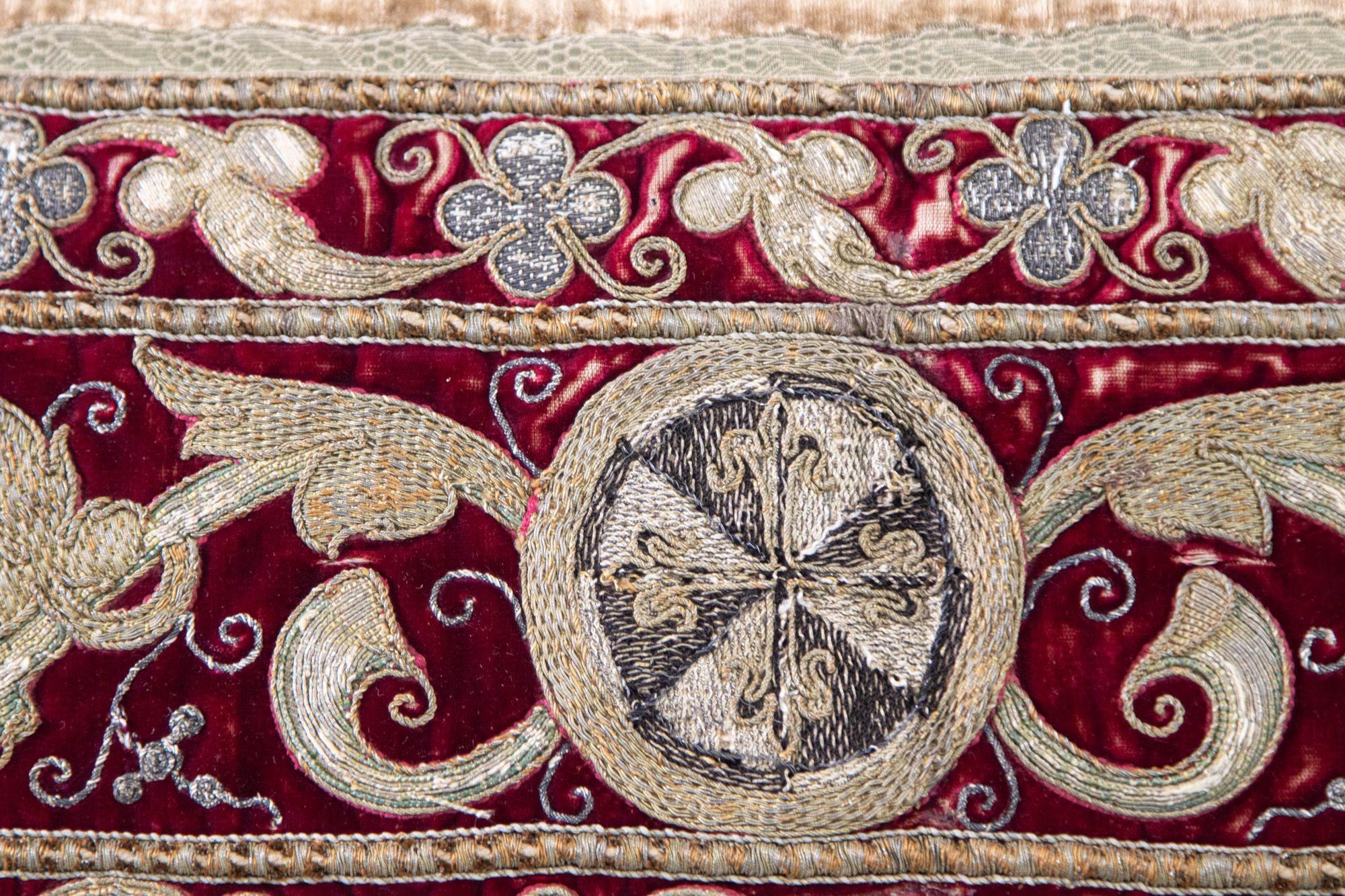 Moorish Antique Silk Velvet Lumbar Pillow with Metallic Gold Threads For Sale
