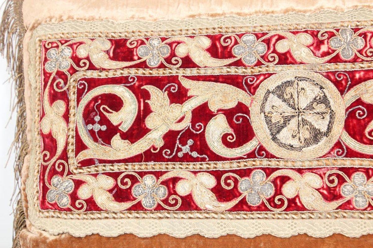 Turkish Antique Silk Velvet Lumbar Pillow with Metallic Gold Threads For Sale