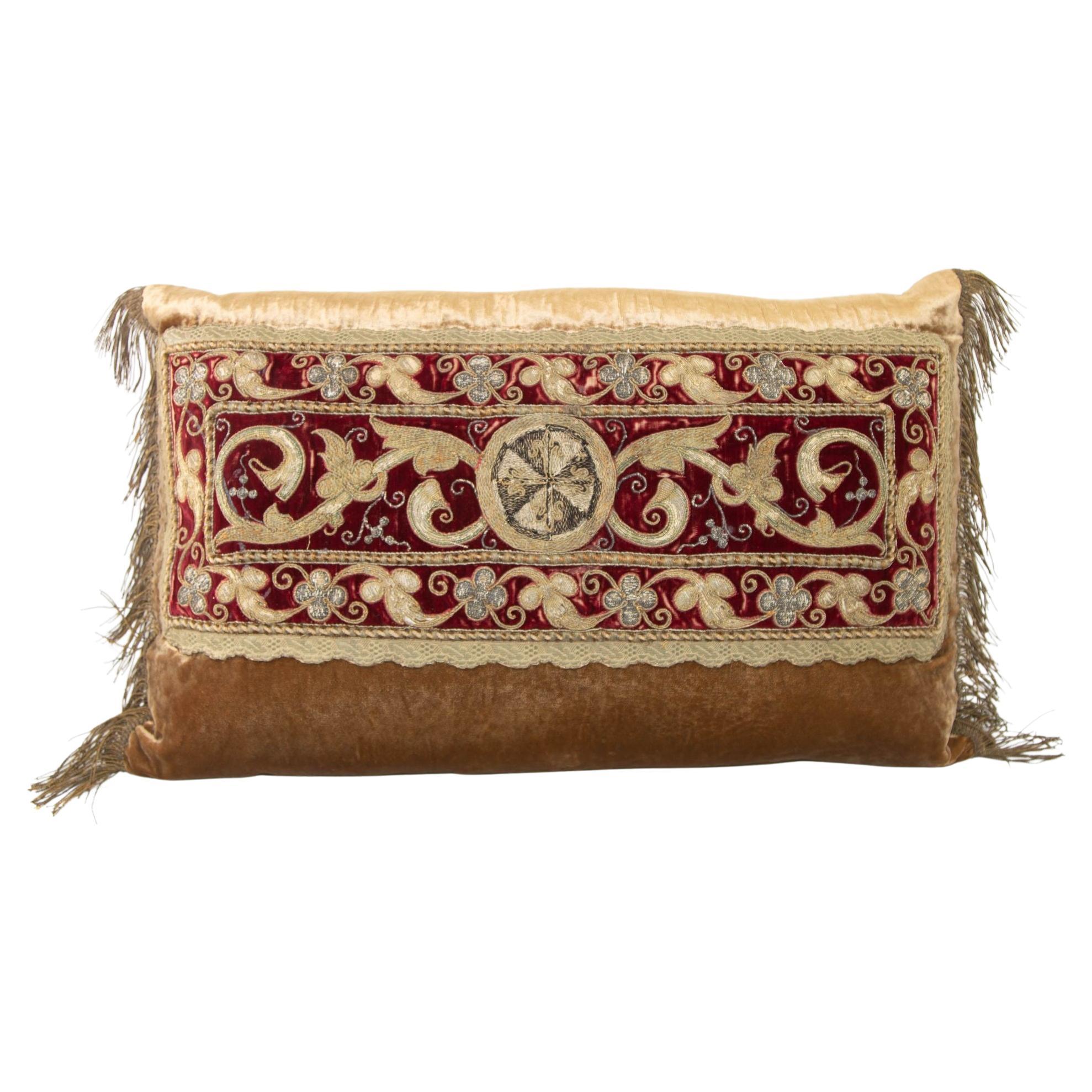Antique Silk Velvet Lumbar Pillow with Metallic Gold Threads For Sale