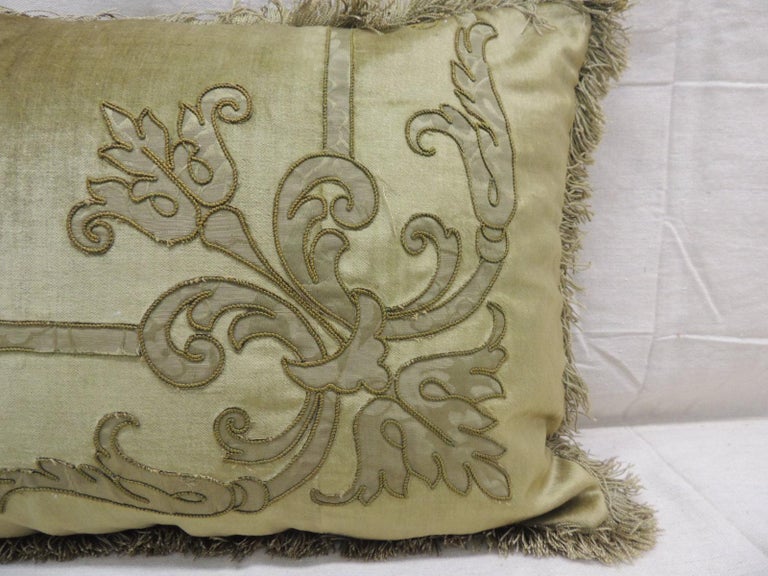 Antique Silk Velvet Olive Green Applique Decorative Bolster Pillow For