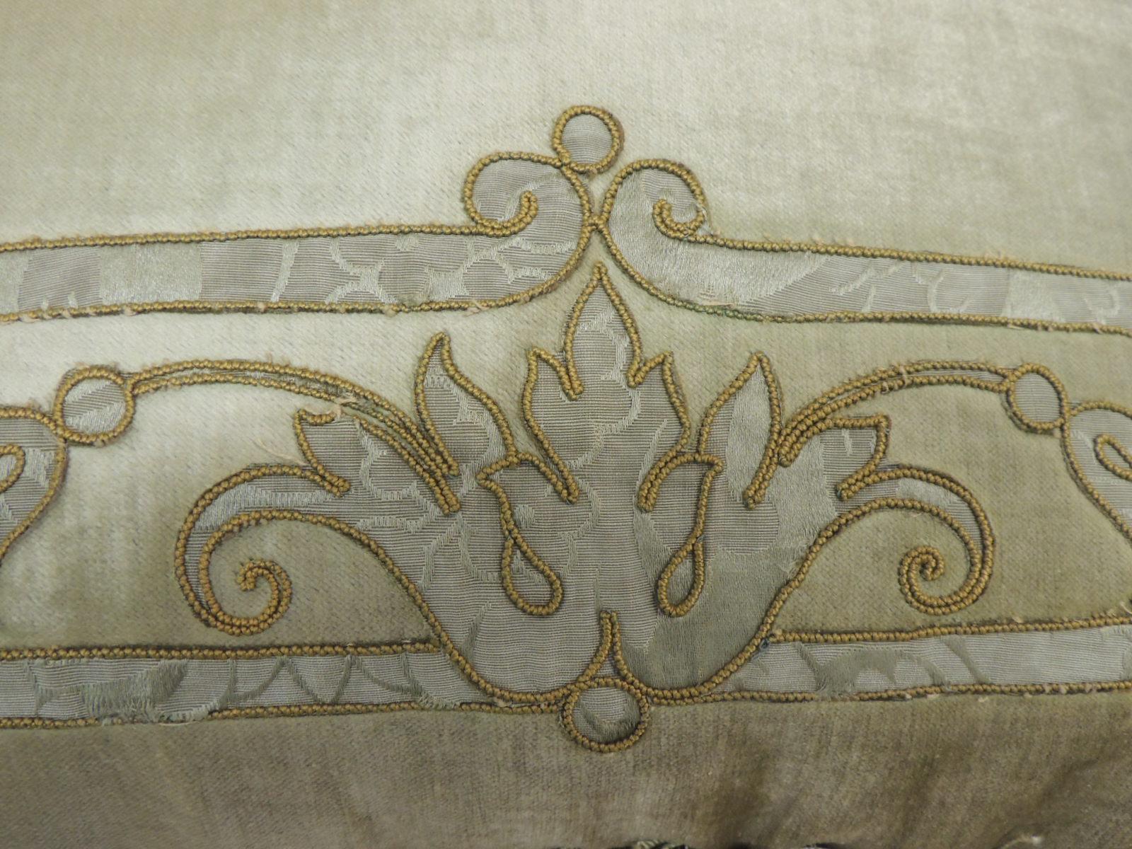 Regency Antique Silk Velvet Olive Green Applique Decorative Bolster Pillow